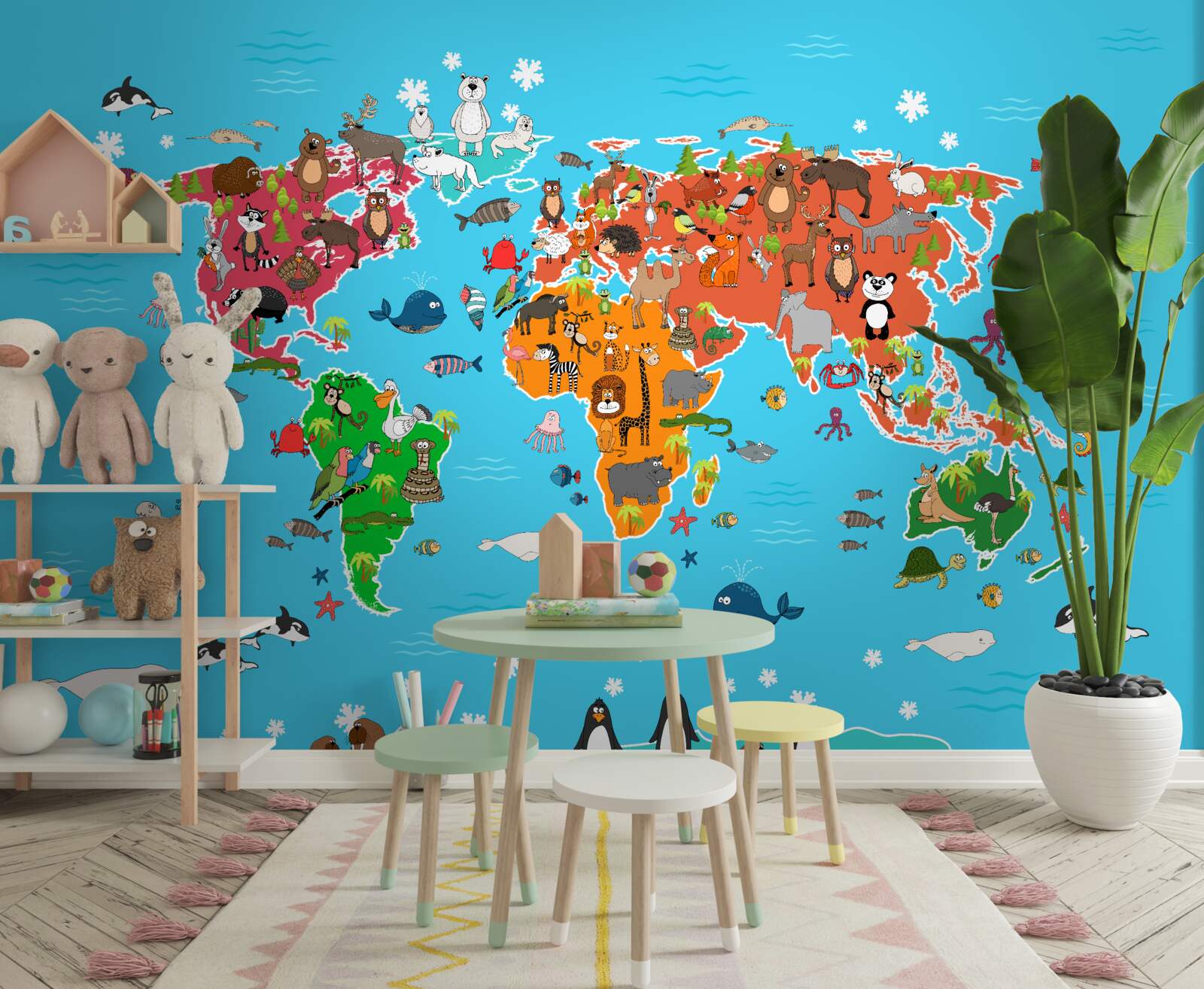 Fototapet varietate mare de animale pe o hartă a lumii cu detalii vii
