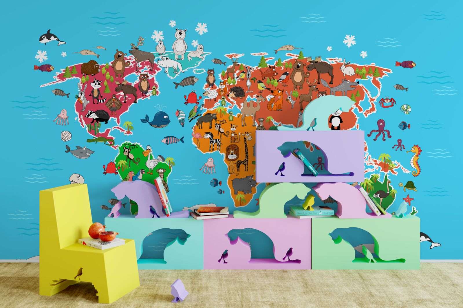 Fototapet varietate mare de animale pe o hartă a lumii cu detalii vii