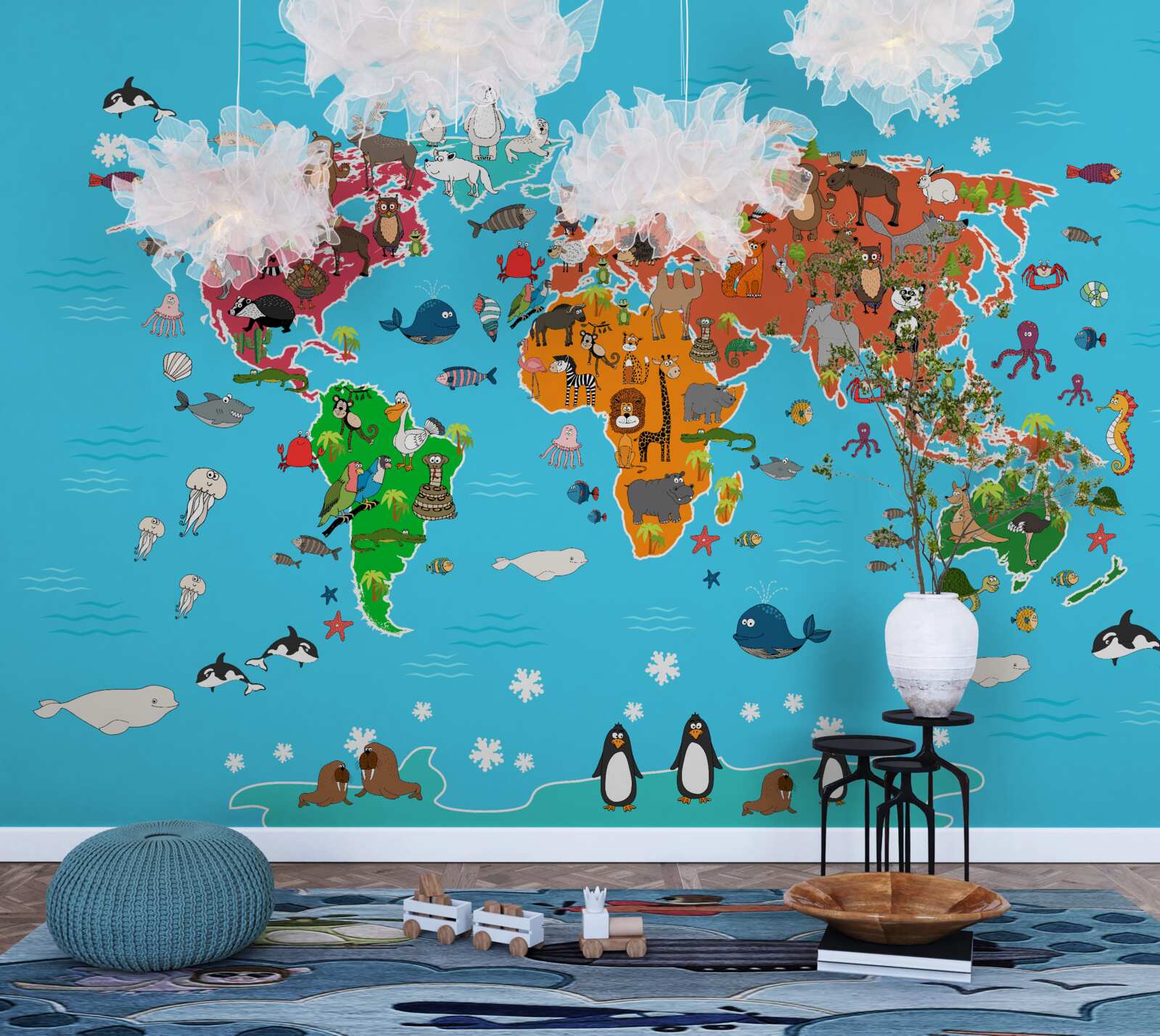Fototapet varietate mare de animale pe o hartă a lumii cu detalii vii