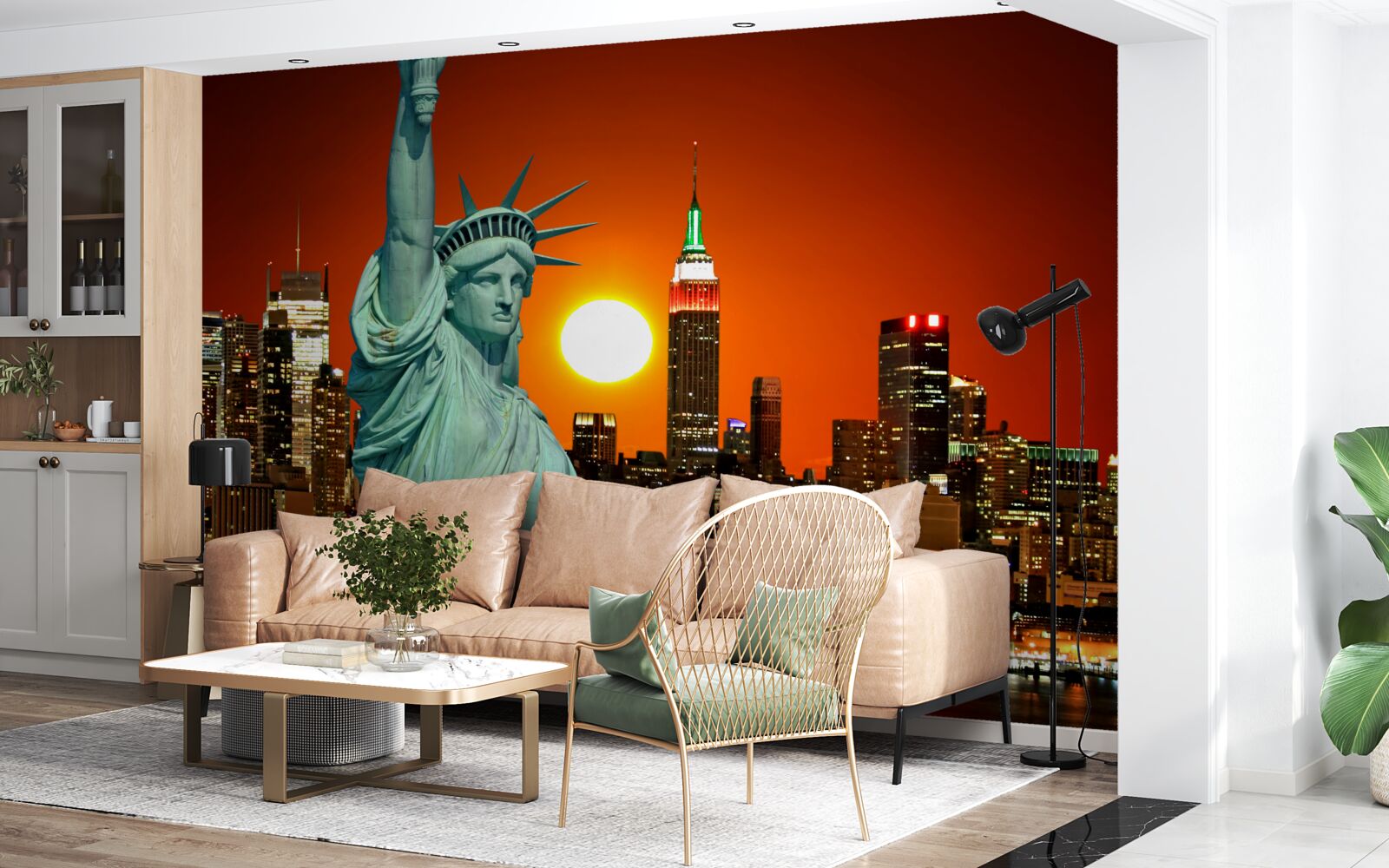 Fototapet apusul de soare luminează statuia libertății
