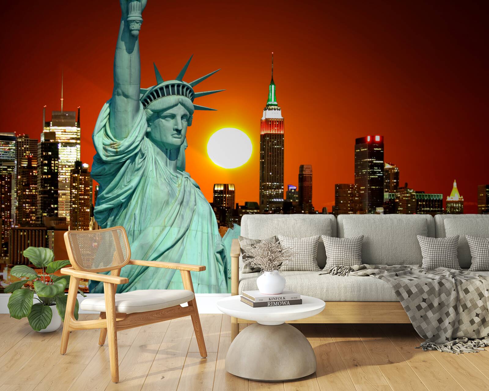 Fototapet apusul de soare luminează statuia libertății