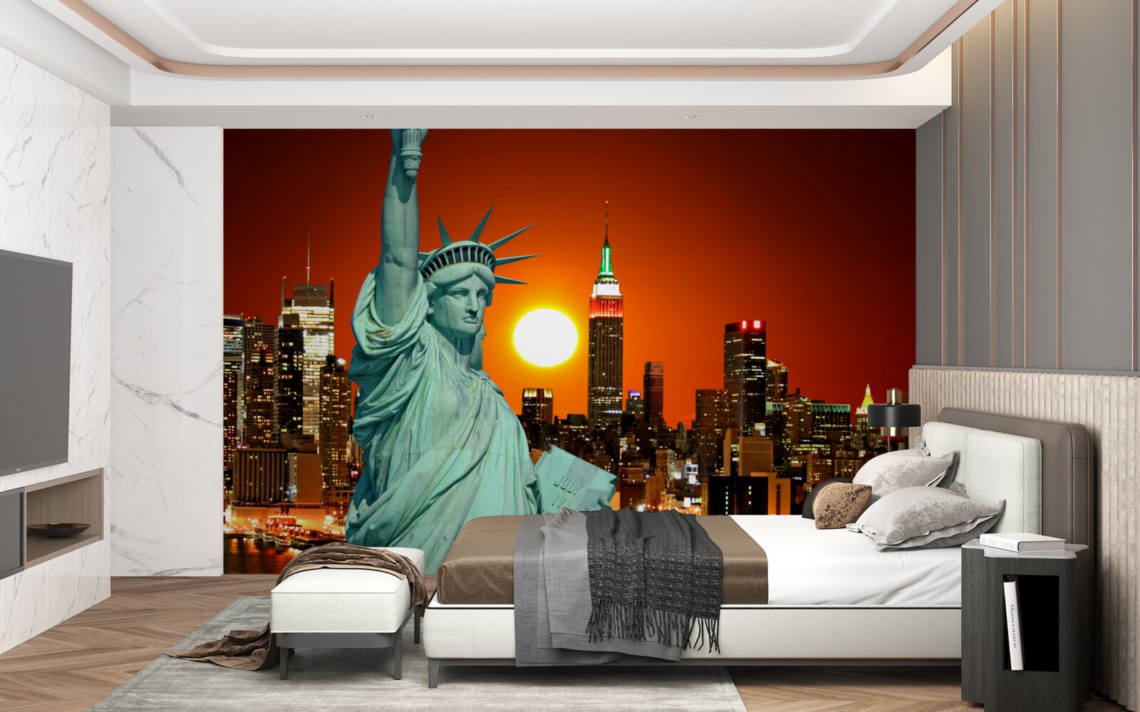 Fototapet apusul de soare luminează statuia libertății