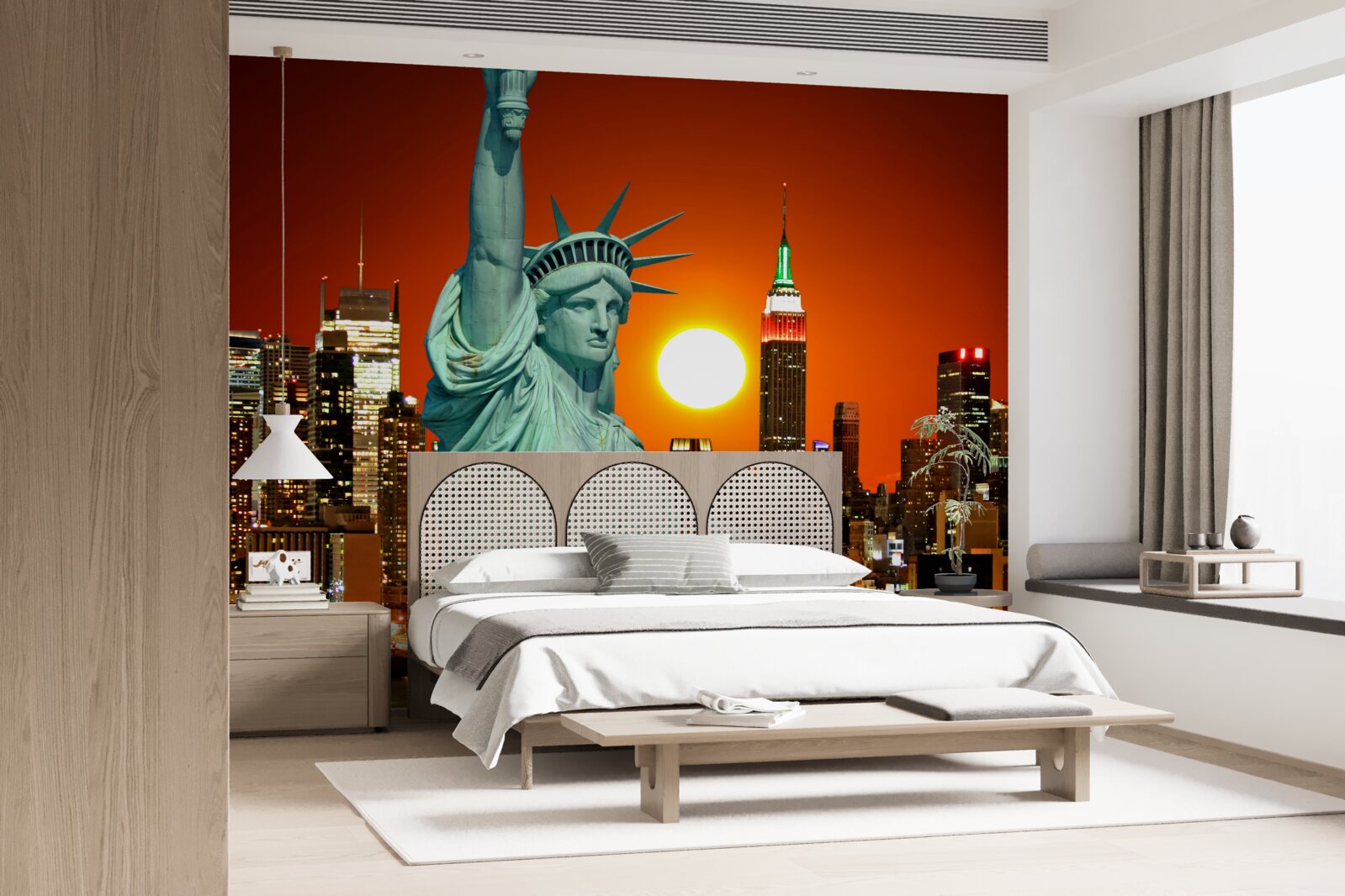 Fototapet apusul de soare luminează statuia libertății