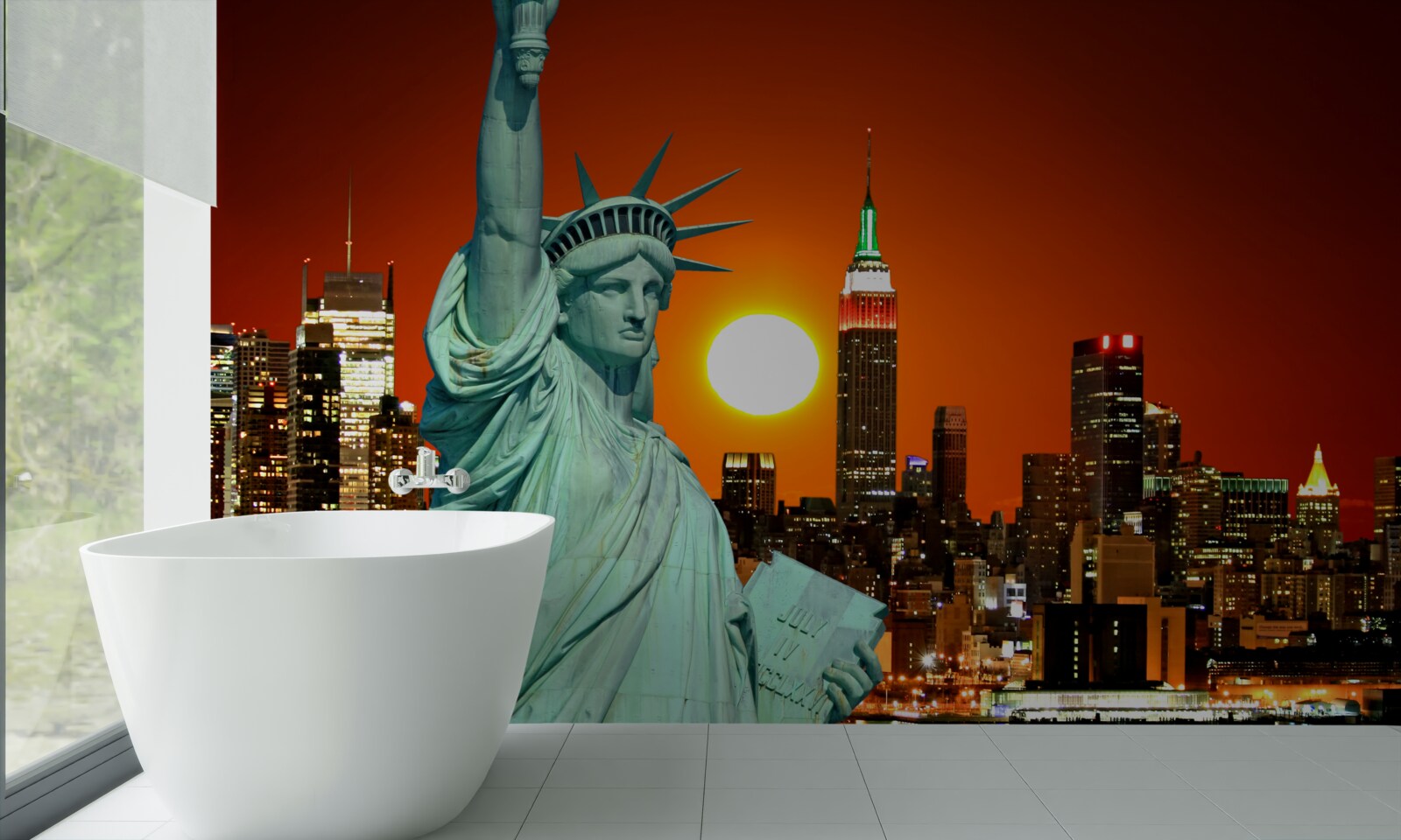 Fototapet apusul de soare luminează statuia libertății