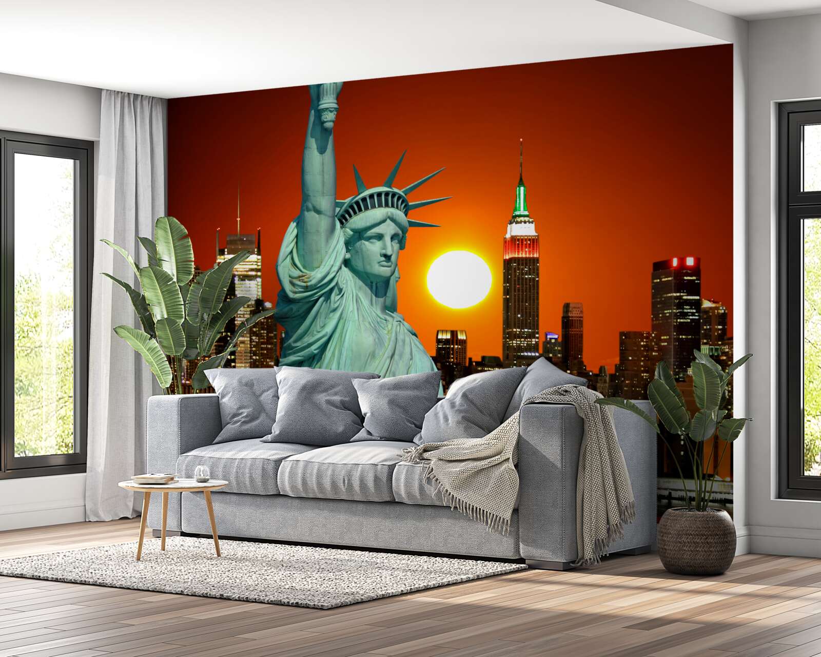 Fototapet apusul de soare luminează statuia libertății