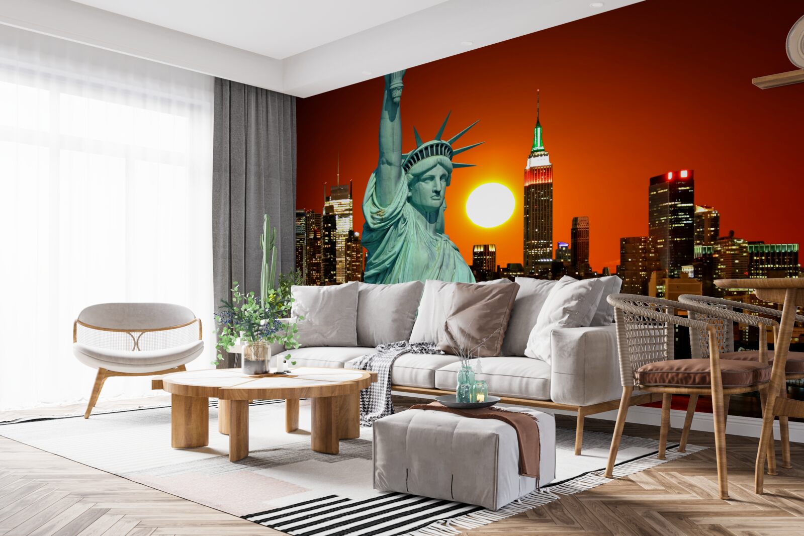 Fototapet apusul de soare luminează statuia libertății