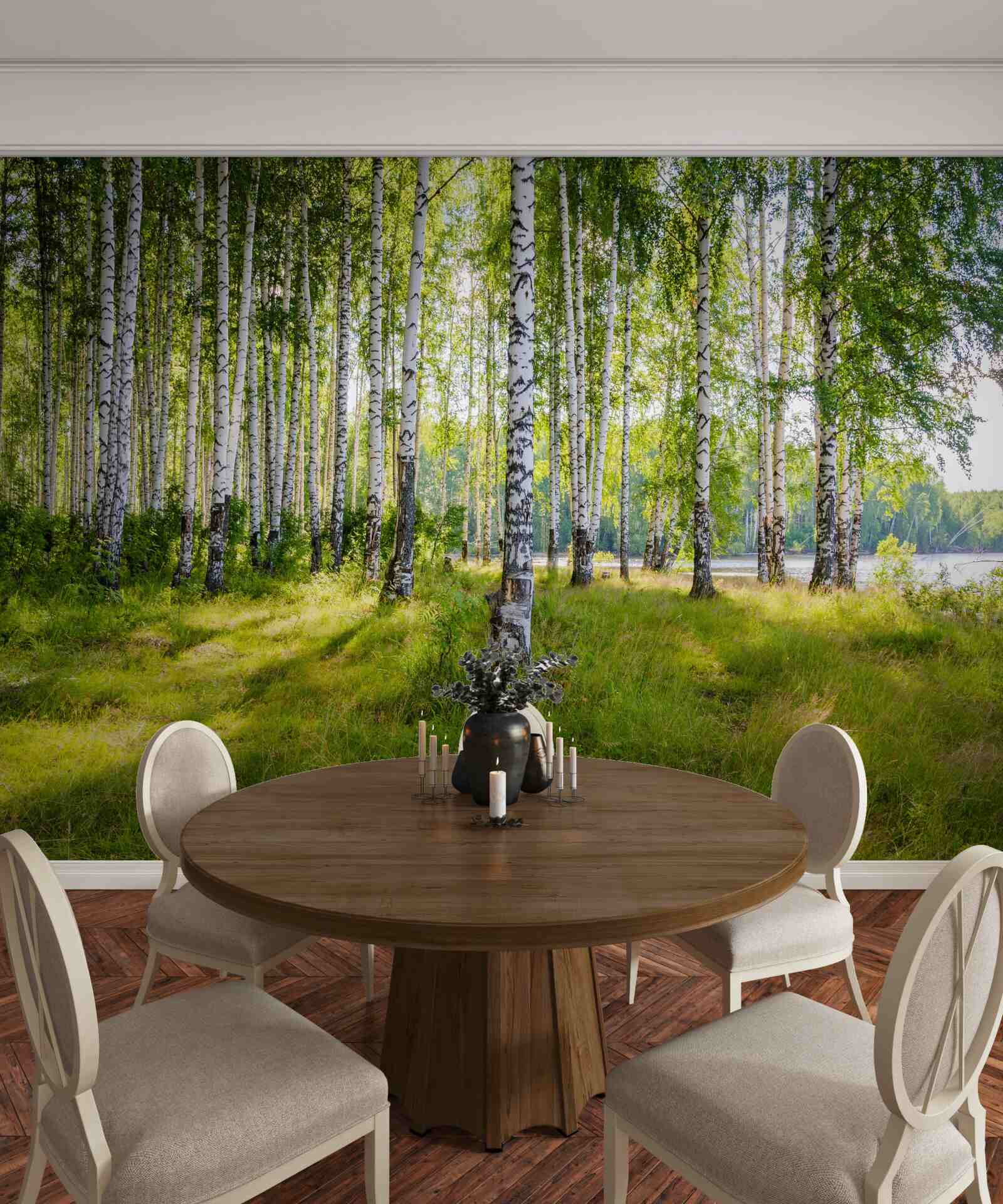 Fototapet Zori în tufișul verde de mesteacăn