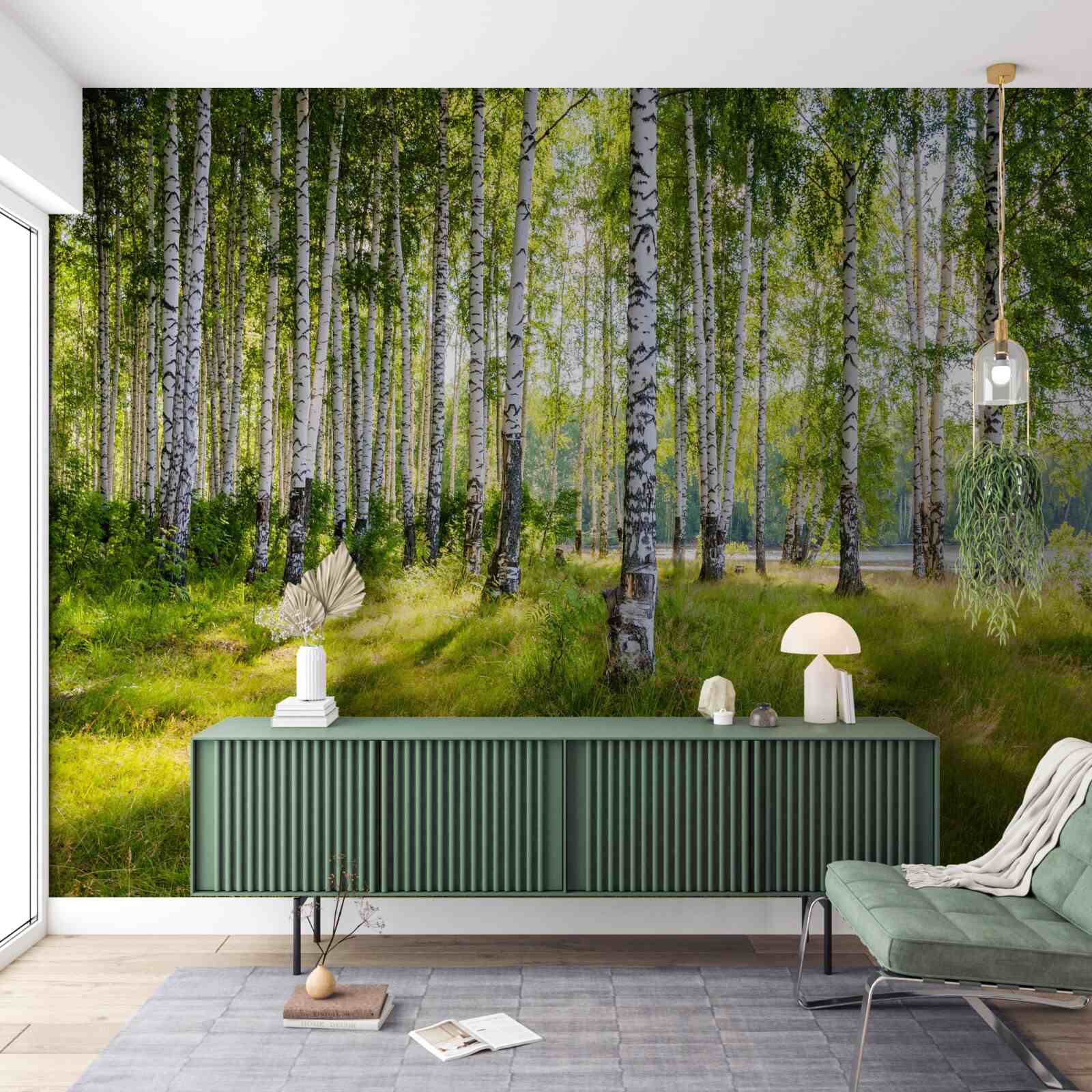 Fototapet Zori în tufișul verde de mesteacăn