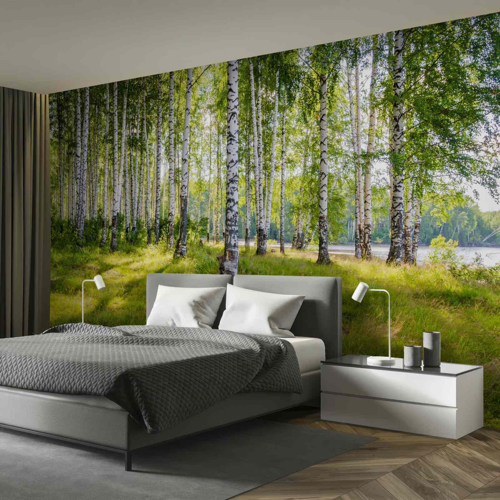 Fototapet Zori în tufișul verde de mesteacăn