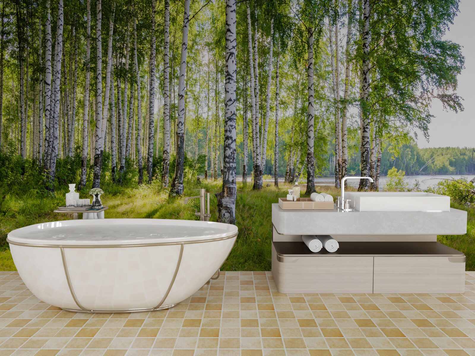 Fototapet Zori în tufișul verde de mesteacăn