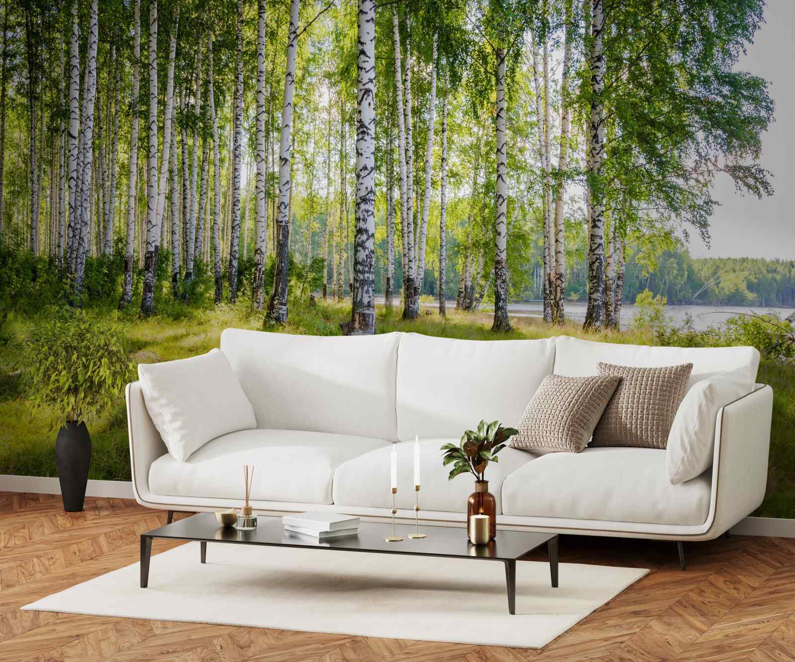 Fototapet Zori în tufișul verde de mesteacăn