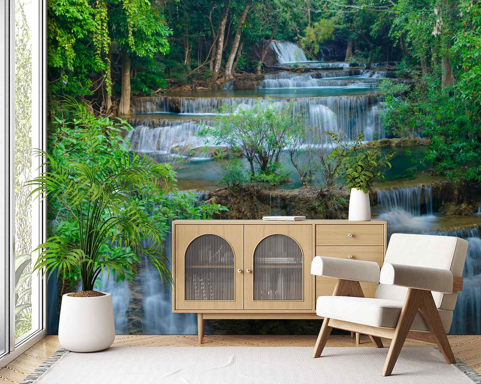 Fototapet cascadele care cad maiestuos în râurile din pădure formează o cascadă