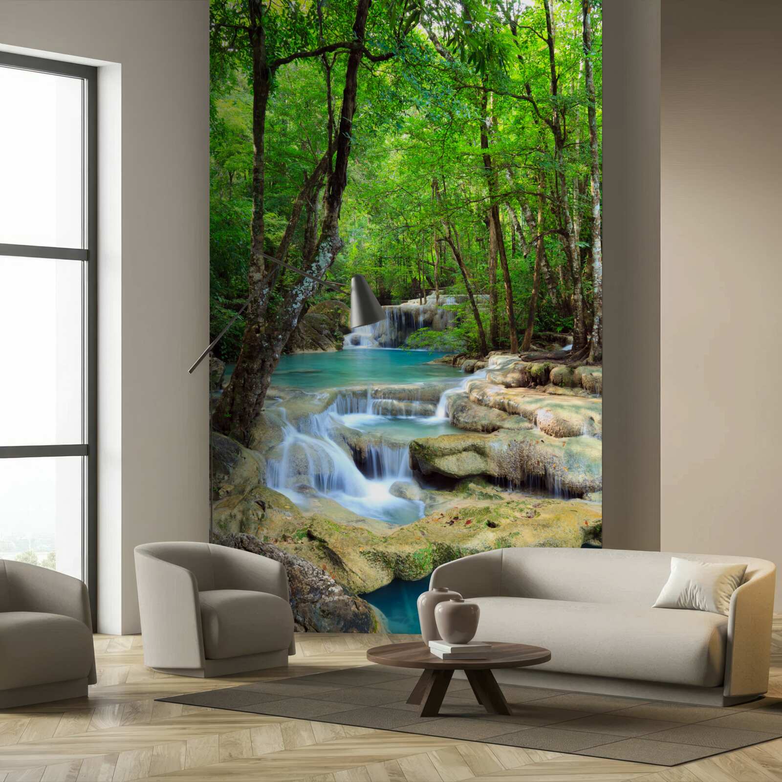 Fototapet cascadă cu jeturi de apă cristalină care coboară în cascadă