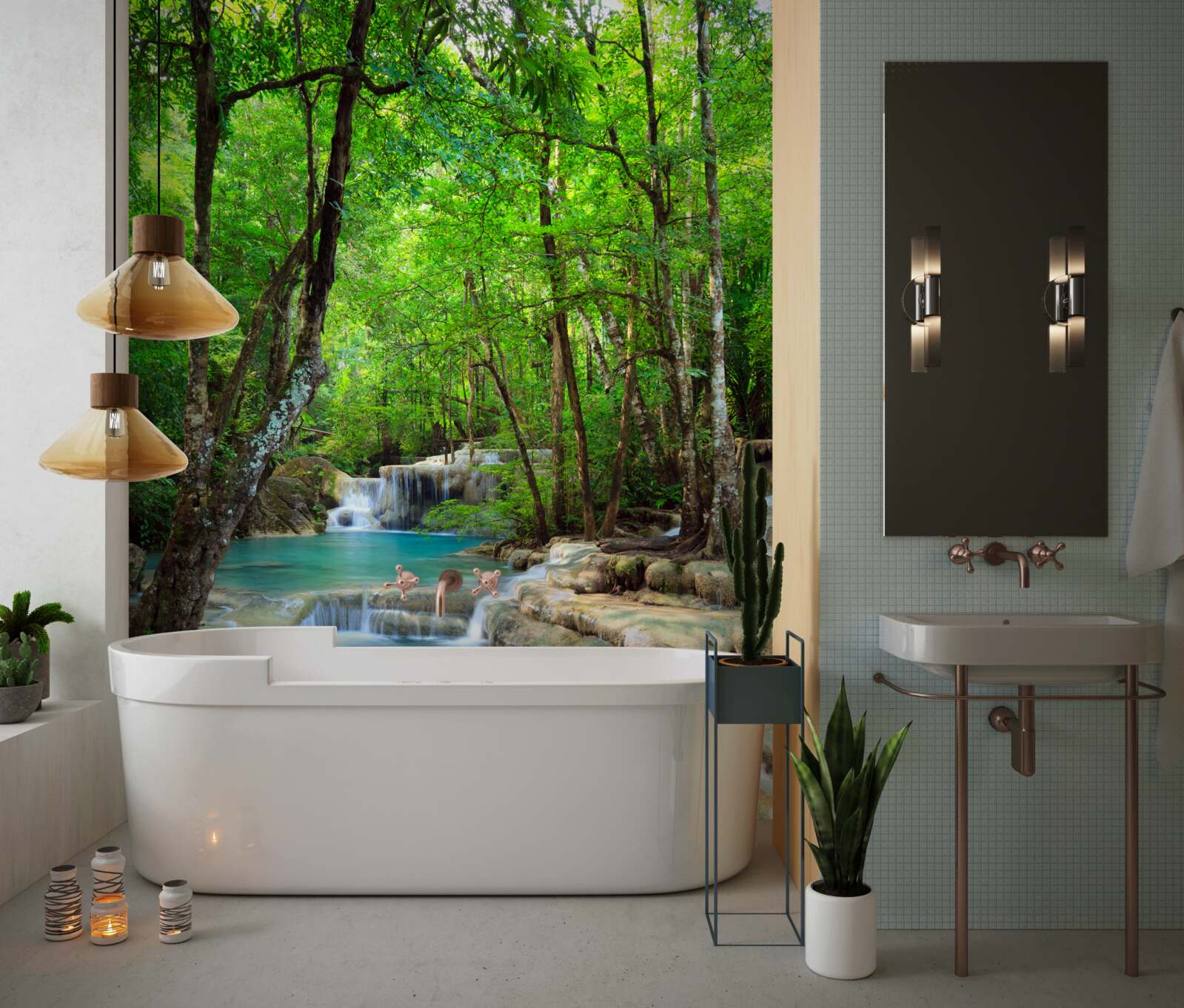 Fototapet cascadă cu jeturi de apă cristalină care coboară în cascadă