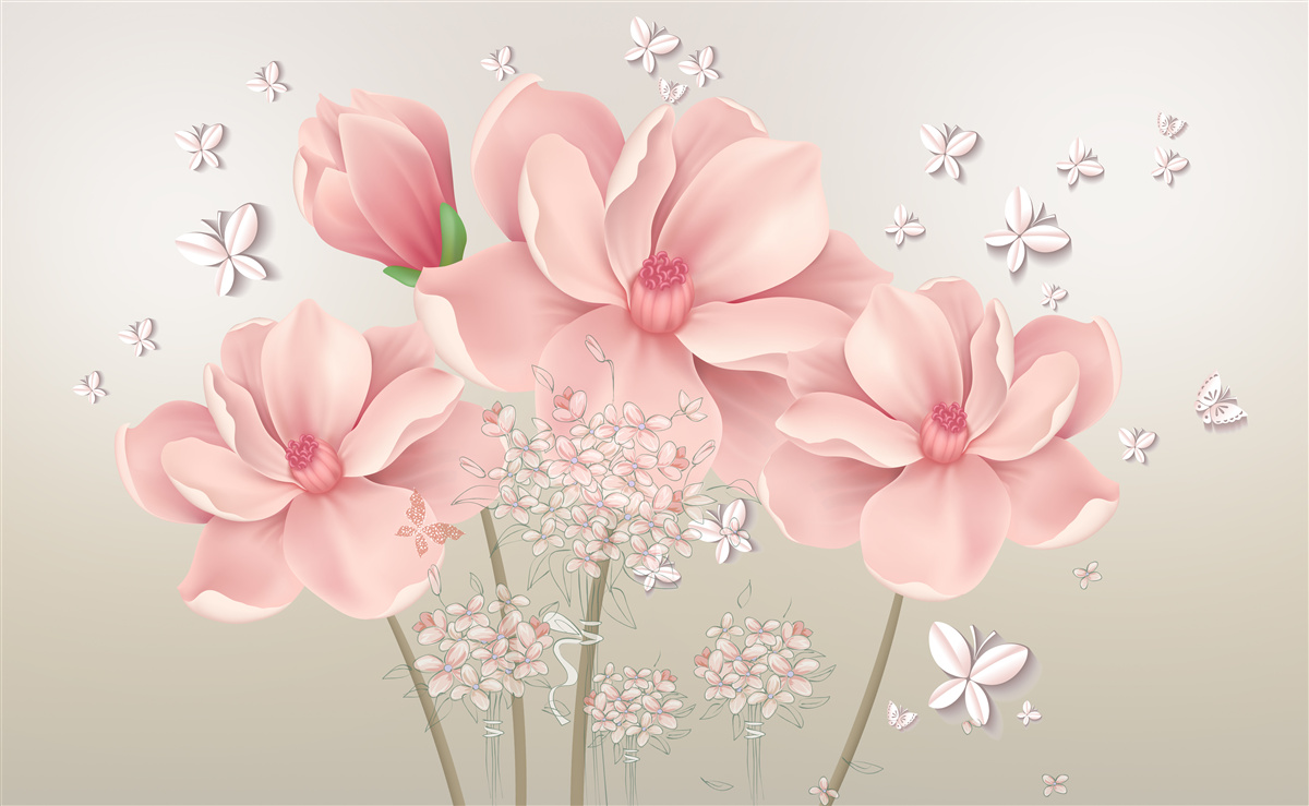 Fototapet fluturi albi și flori roz