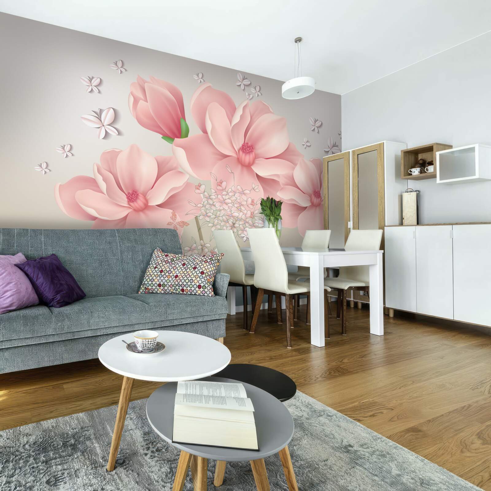 Fototapet fluturi albi și flori roz