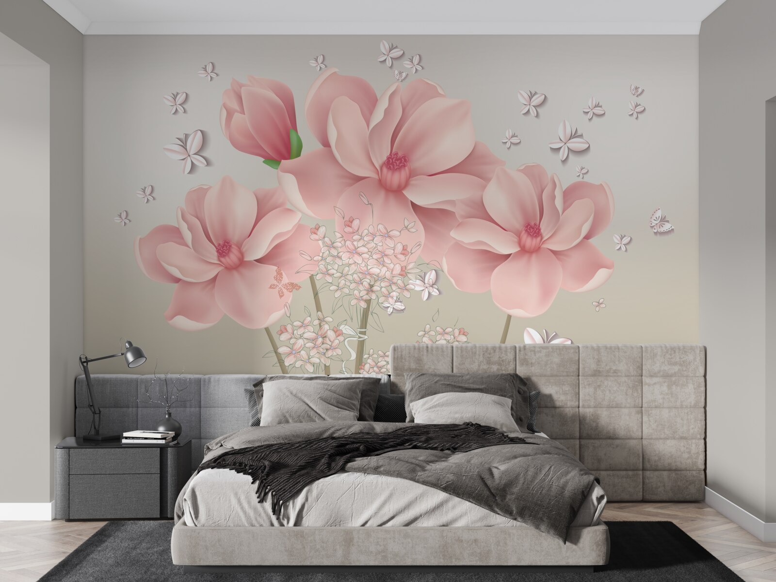 Fototapet fluturi albi și flori roz