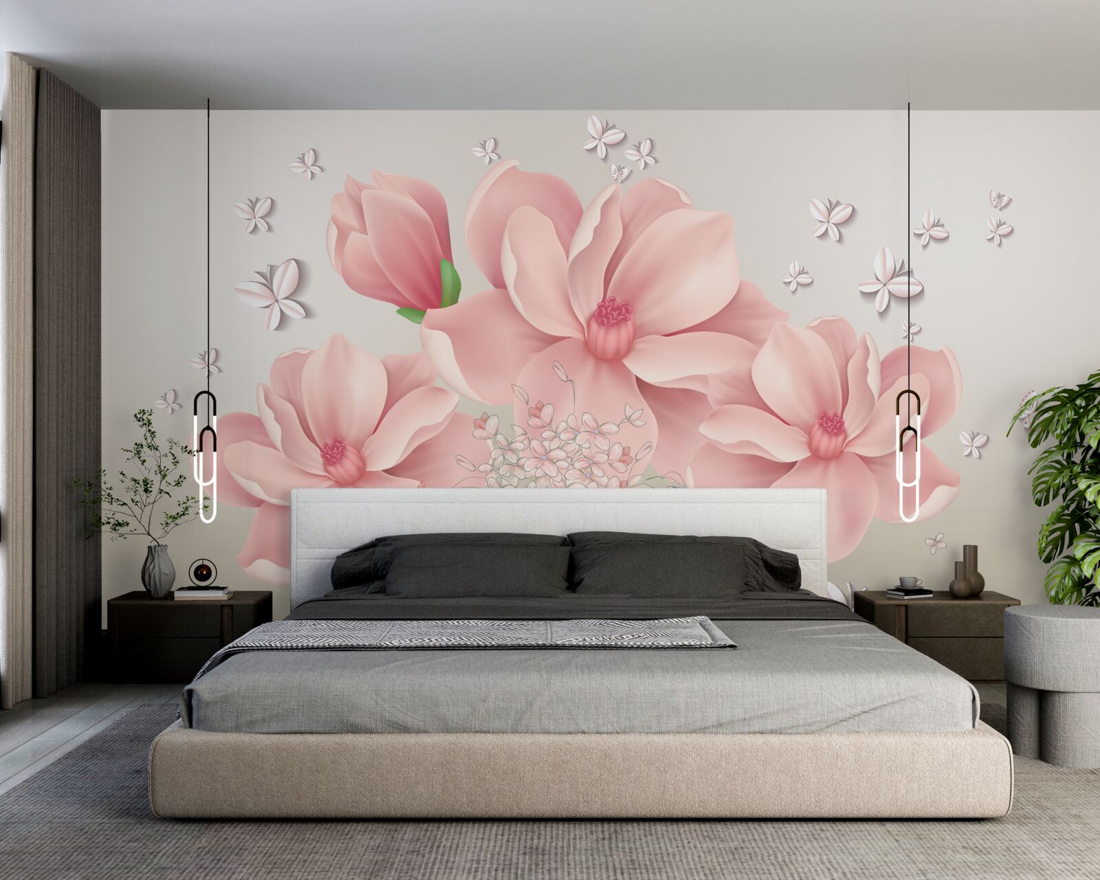 Fototapet fluturi albi și flori roz