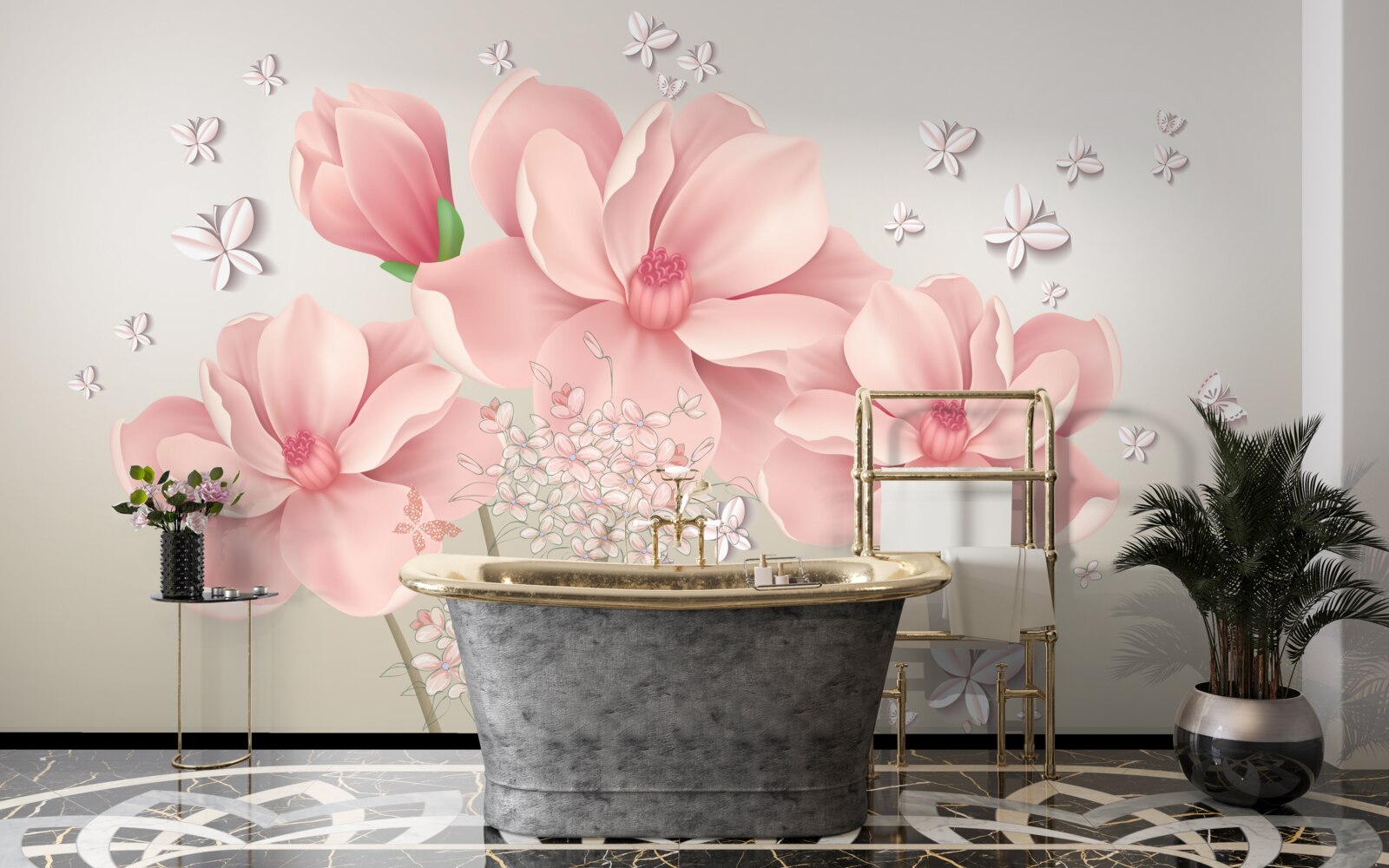 Fototapet fluturi albi și flori roz