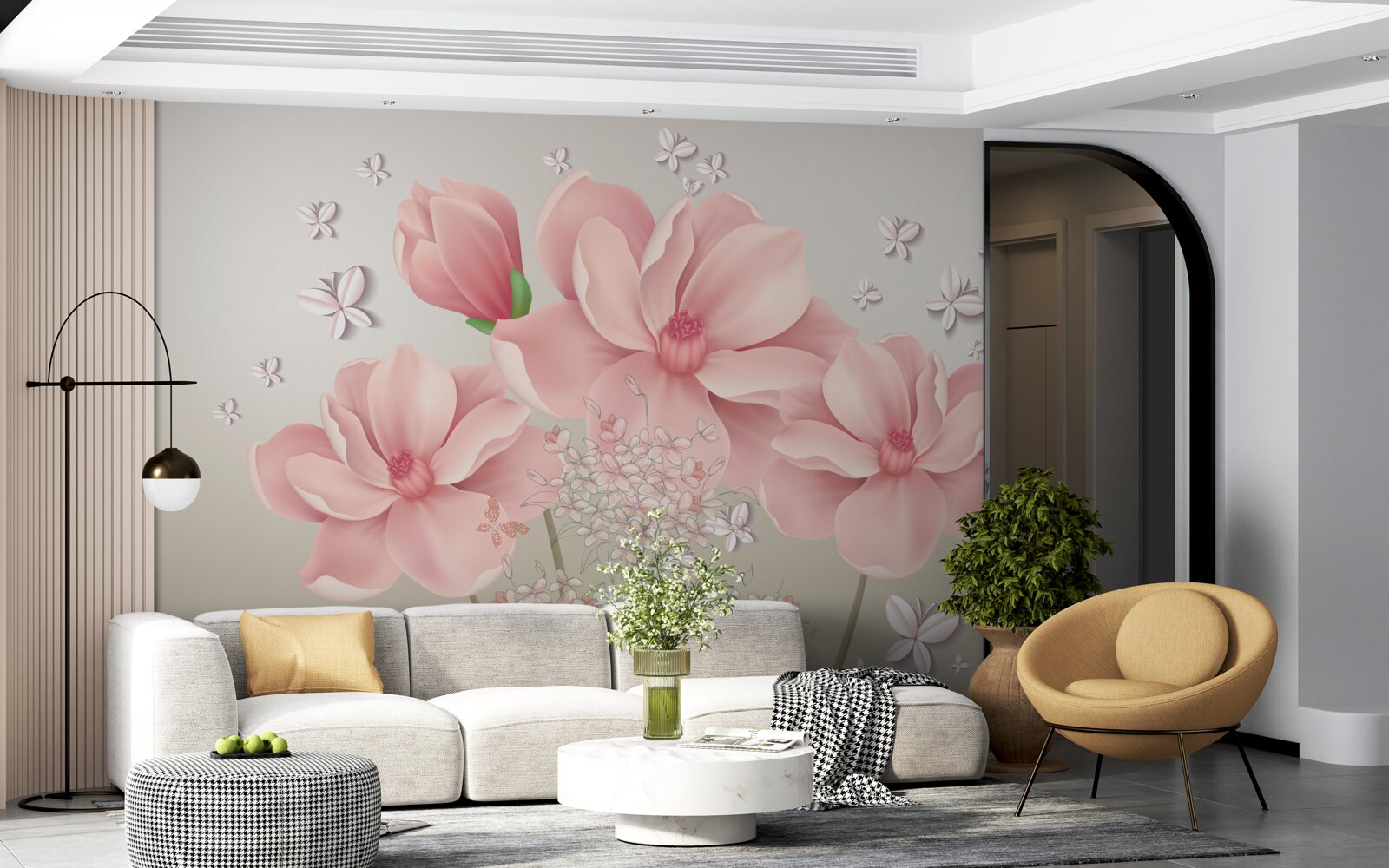 Fototapet fluturi albi și flori roz