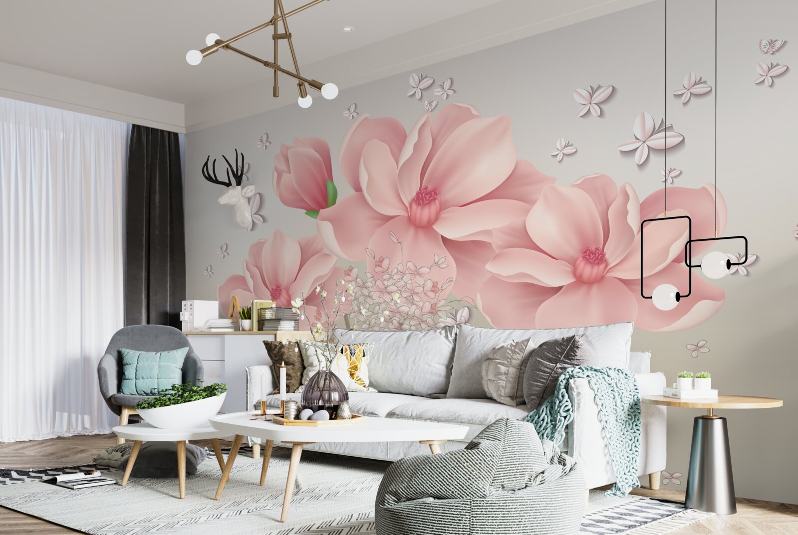 Fototapet fluturi albi și flori roz