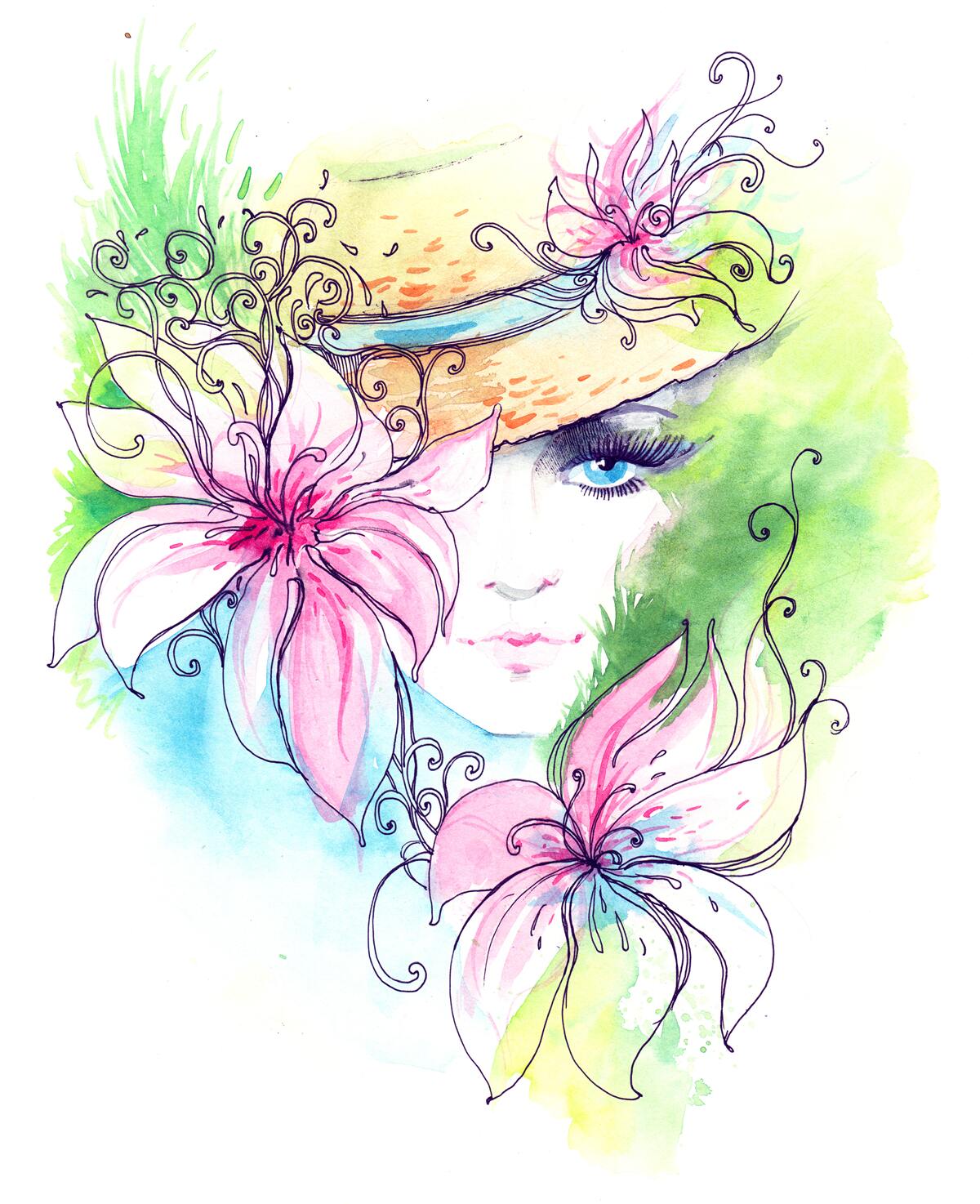 Fototapet portretul unei fete și florile reprezentate în pictură