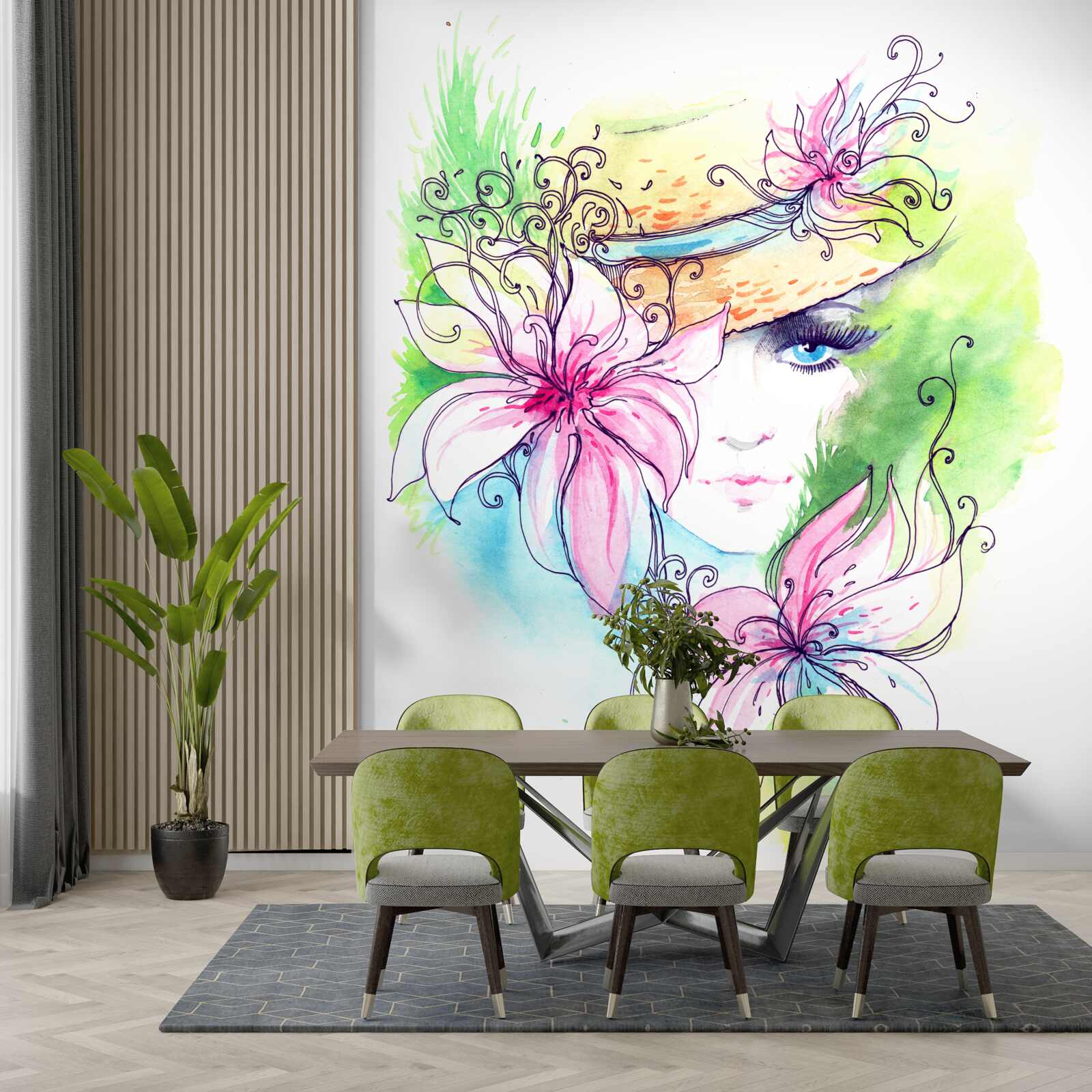 Fototapet portretul unei fete și florile reprezentate în pictură