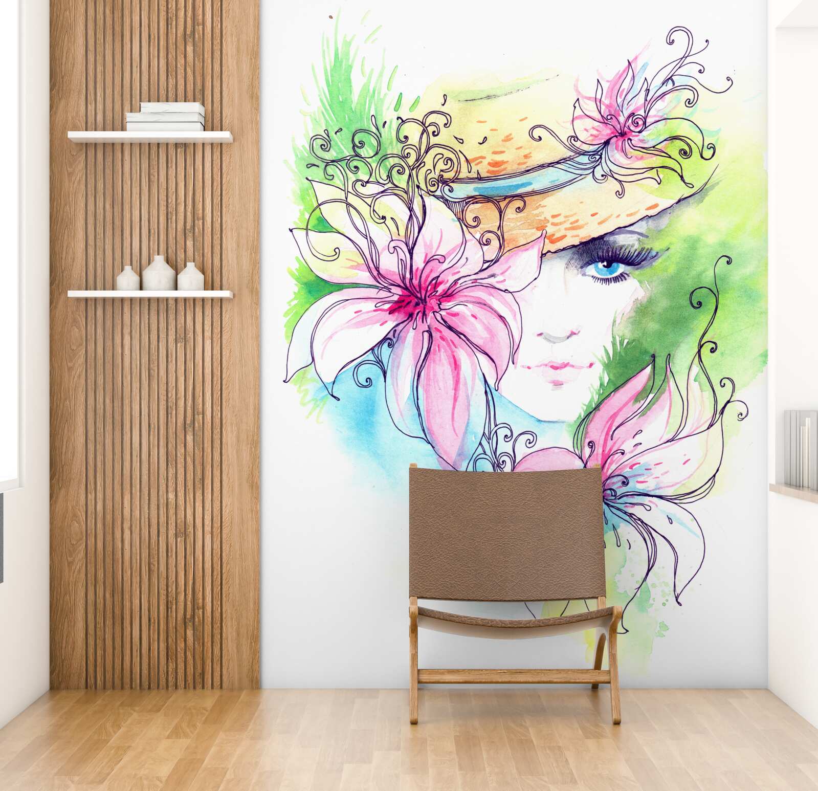 Fototapet portretul unei fete și florile reprezentate în pictură