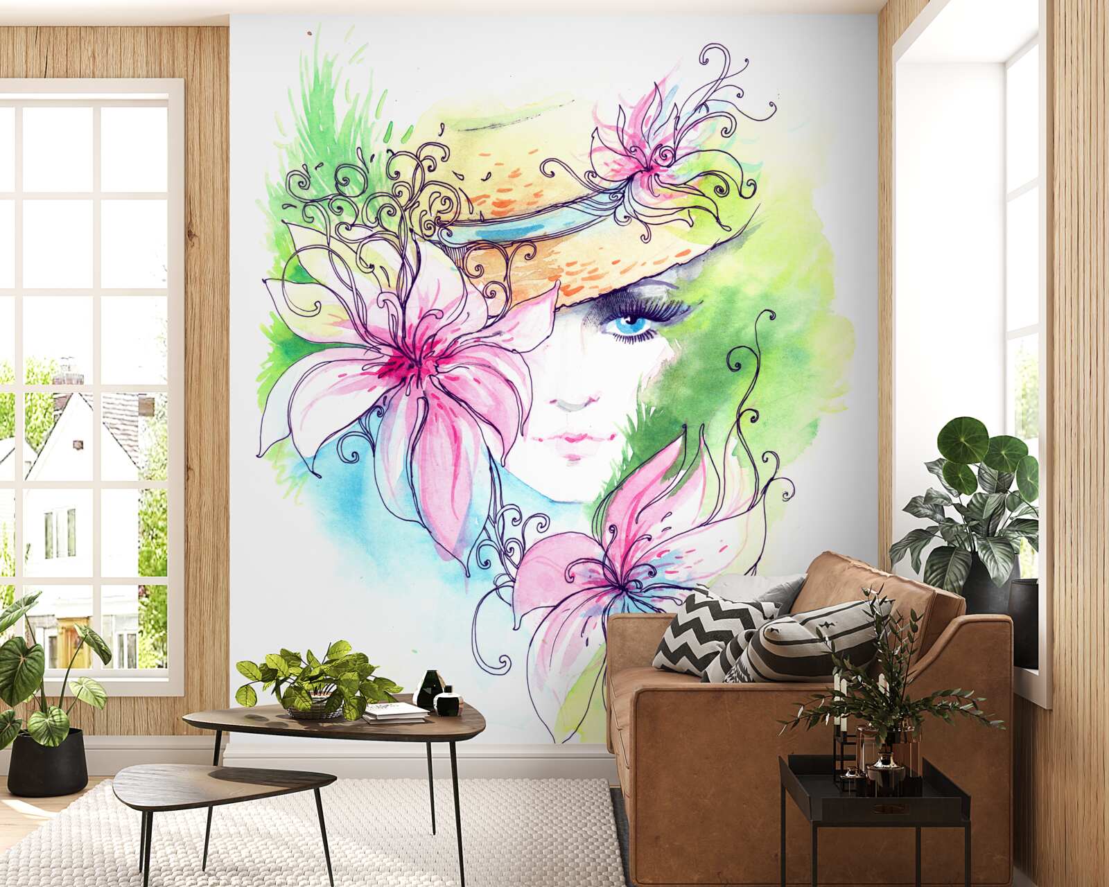 Fototapet portretul unei fete și florile reprezentate în pictură