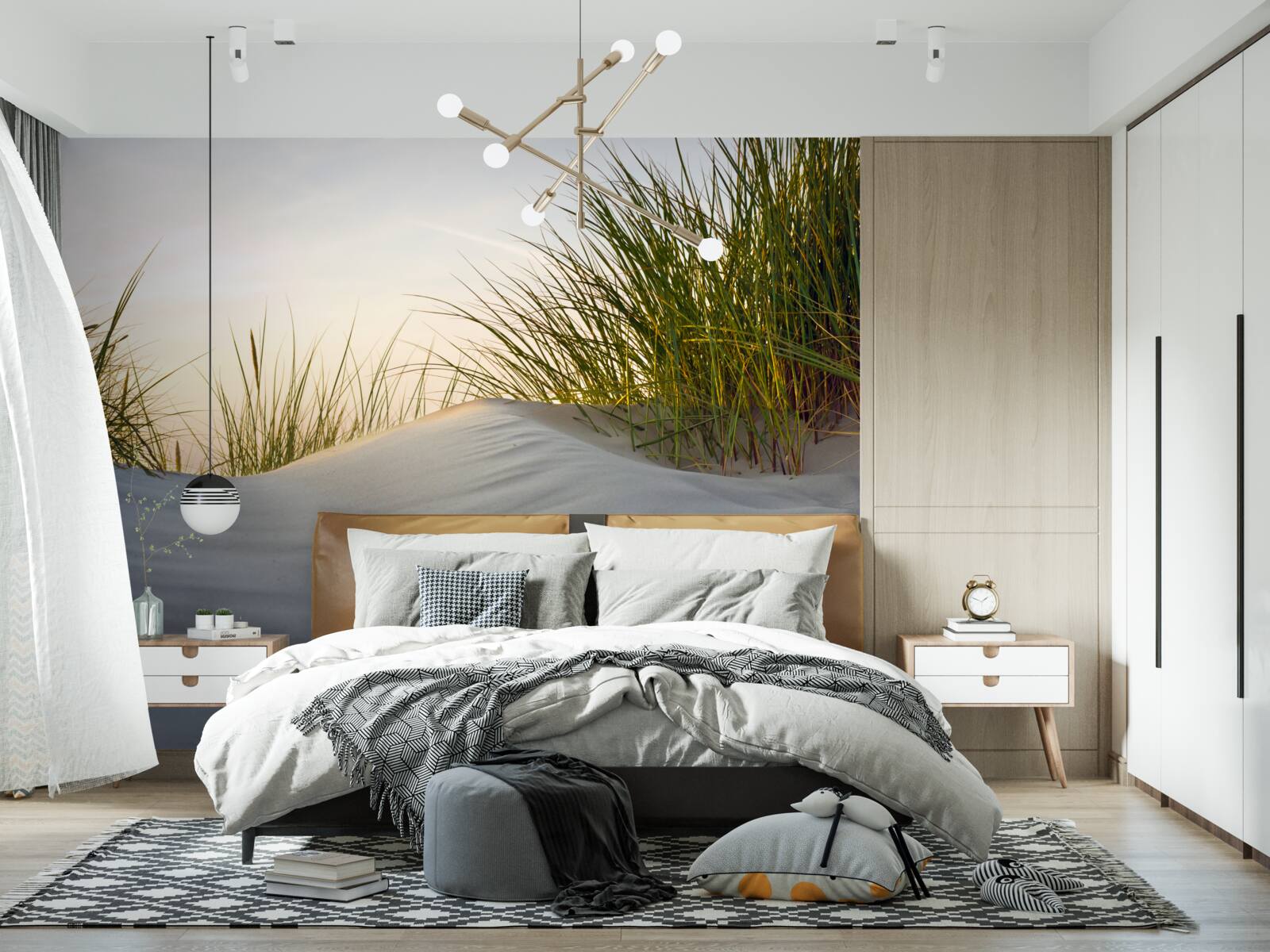 Fototapet plajă de nisip înconjurată de verdeață la răsăritul soarelui