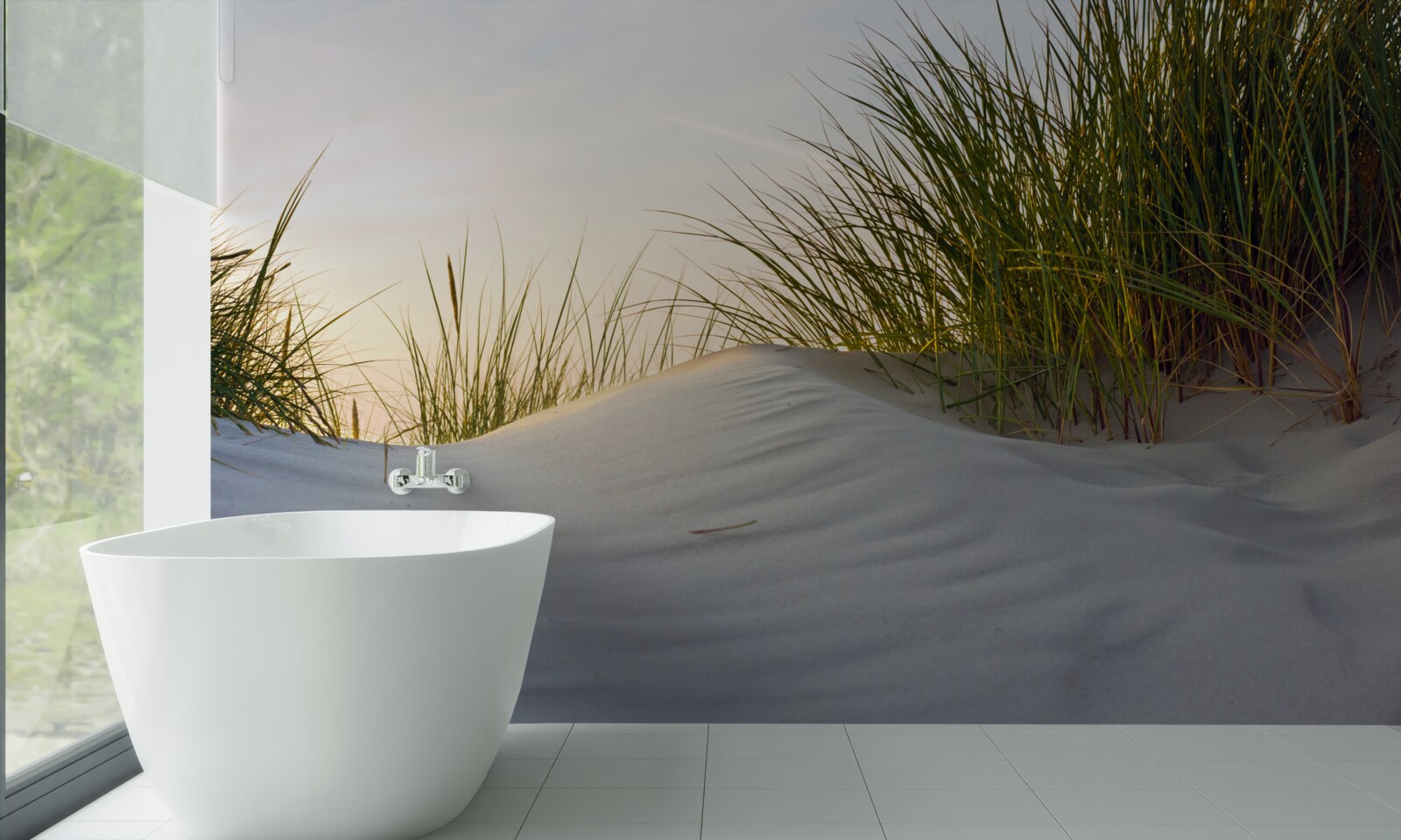 Fototapet plajă de nisip înconjurată de verdeață la răsăritul soarelui