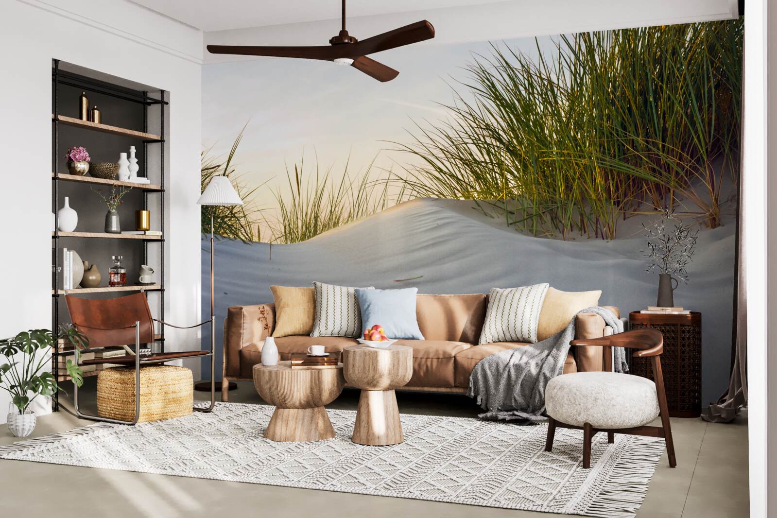 Fototapet plajă de nisip înconjurată de verdeață la răsăritul soarelui