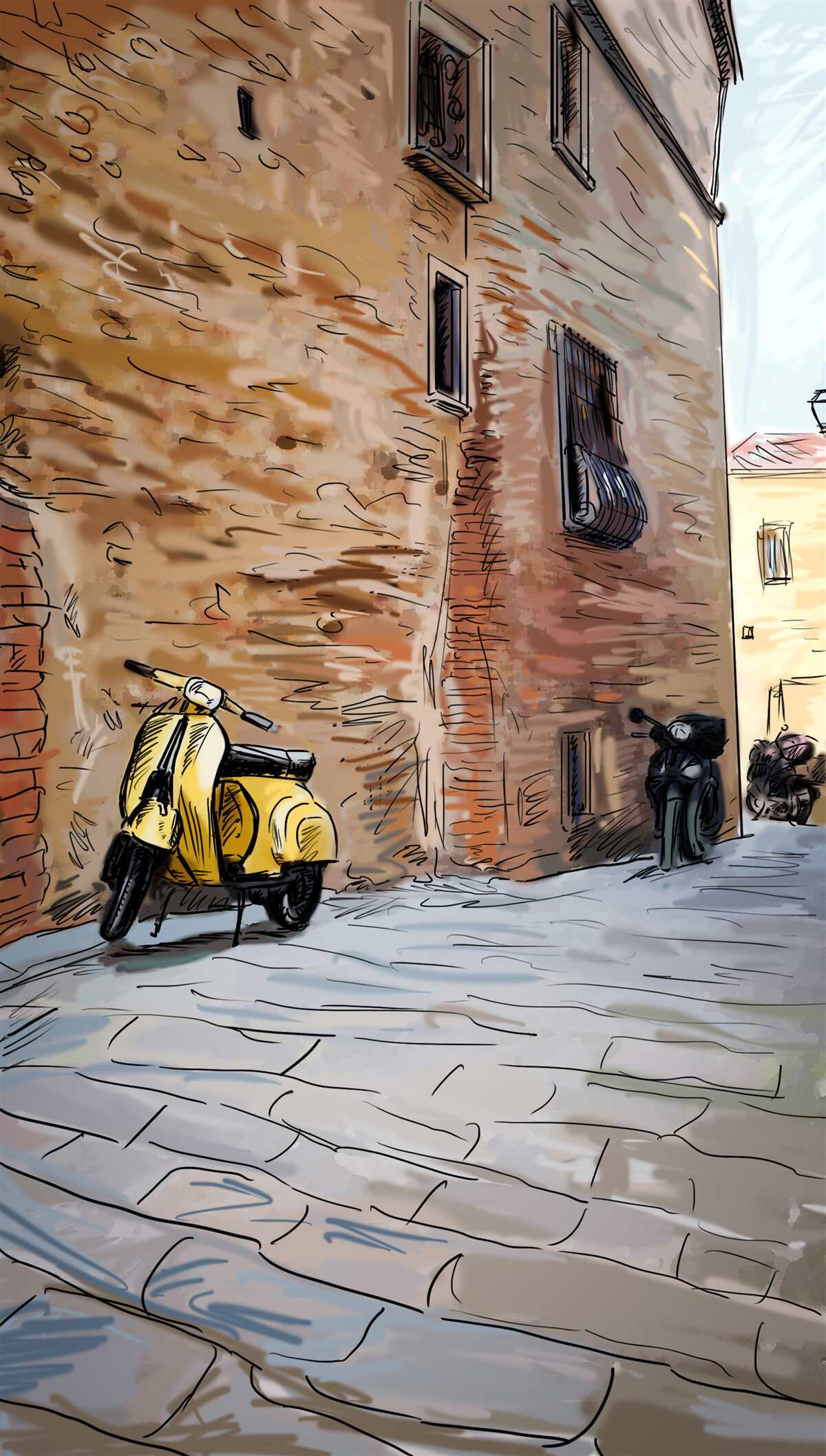 Fototapet stradă veche pietruită și scuter