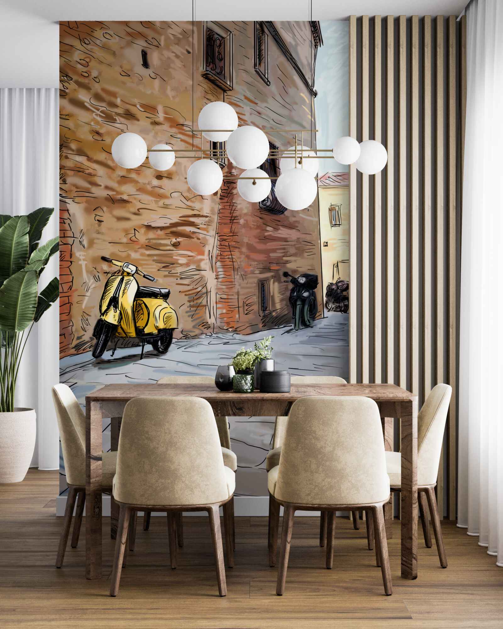 Fototapet stradă veche pietruită și scuter