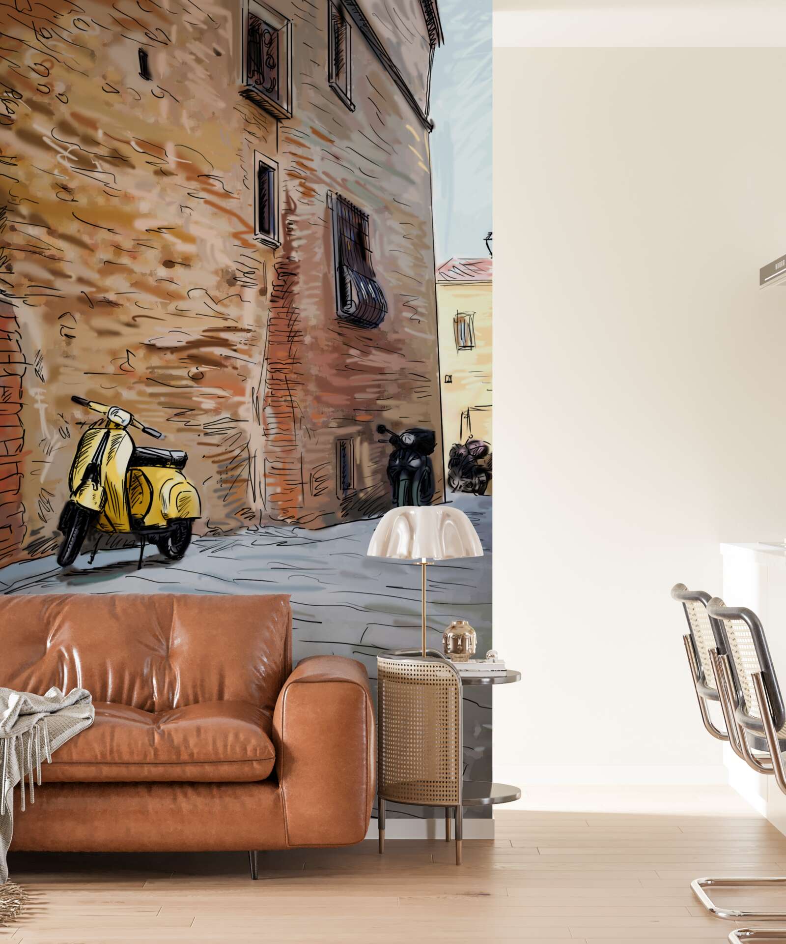 Fototapet stradă veche pietruită și scuter