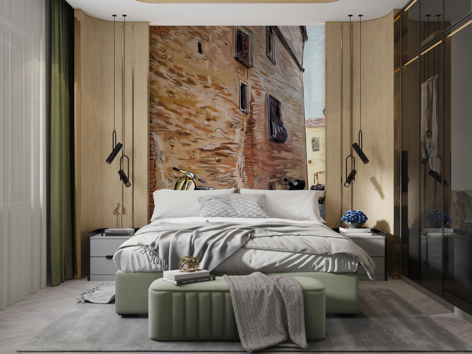 Fototapet stradă veche pietruită și scuter