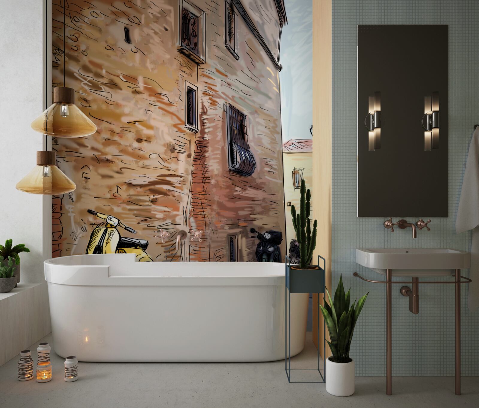 Fototapet stradă veche pietruită și scuter