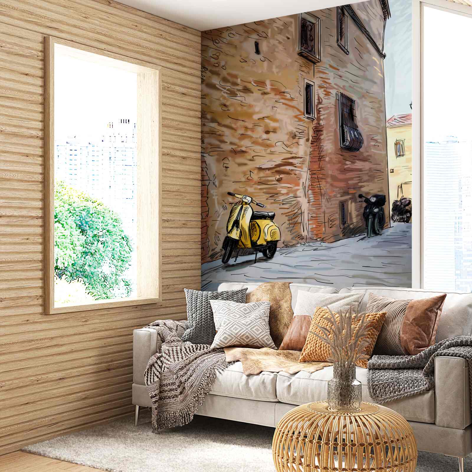 Fototapet stradă veche pietruită și scuter