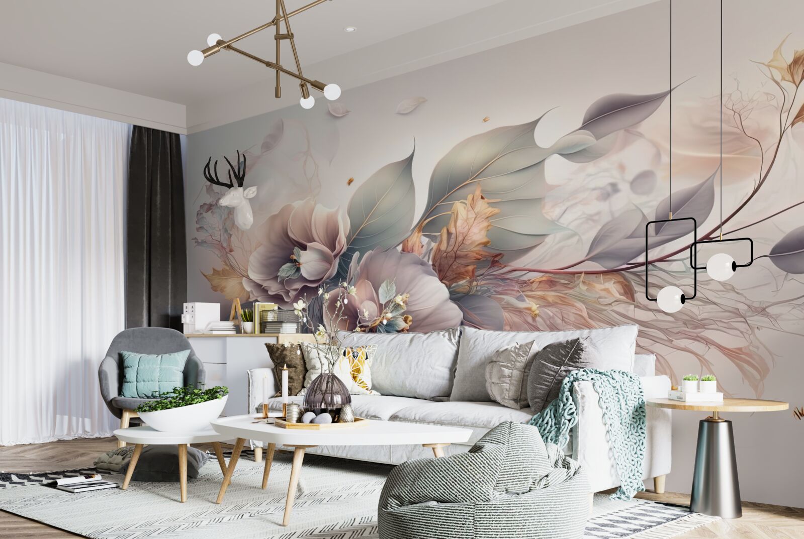 Fototapet ramură de flori colorate pe un fundal deschis