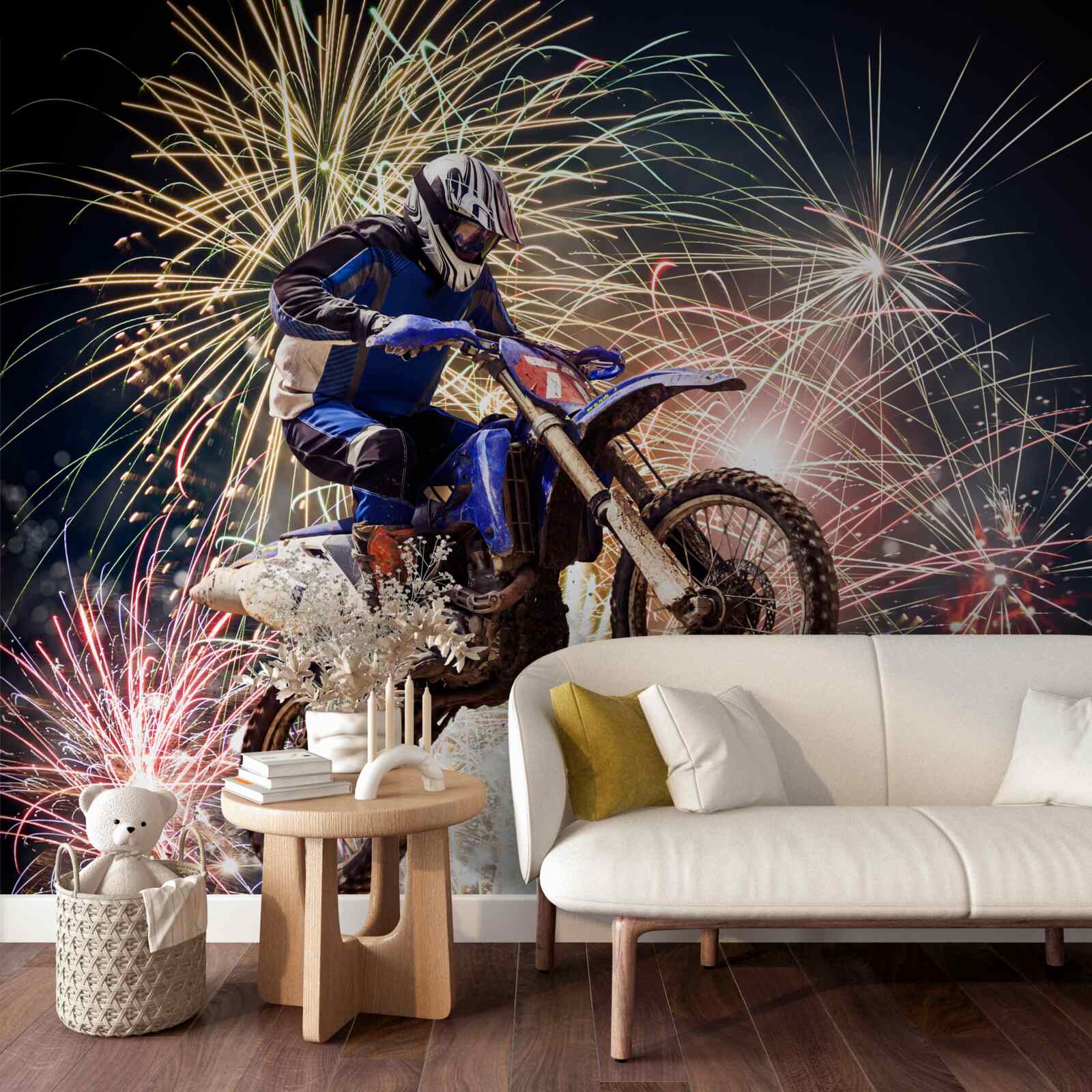 Fototapet biciclist pe spatele unui foc de artificii