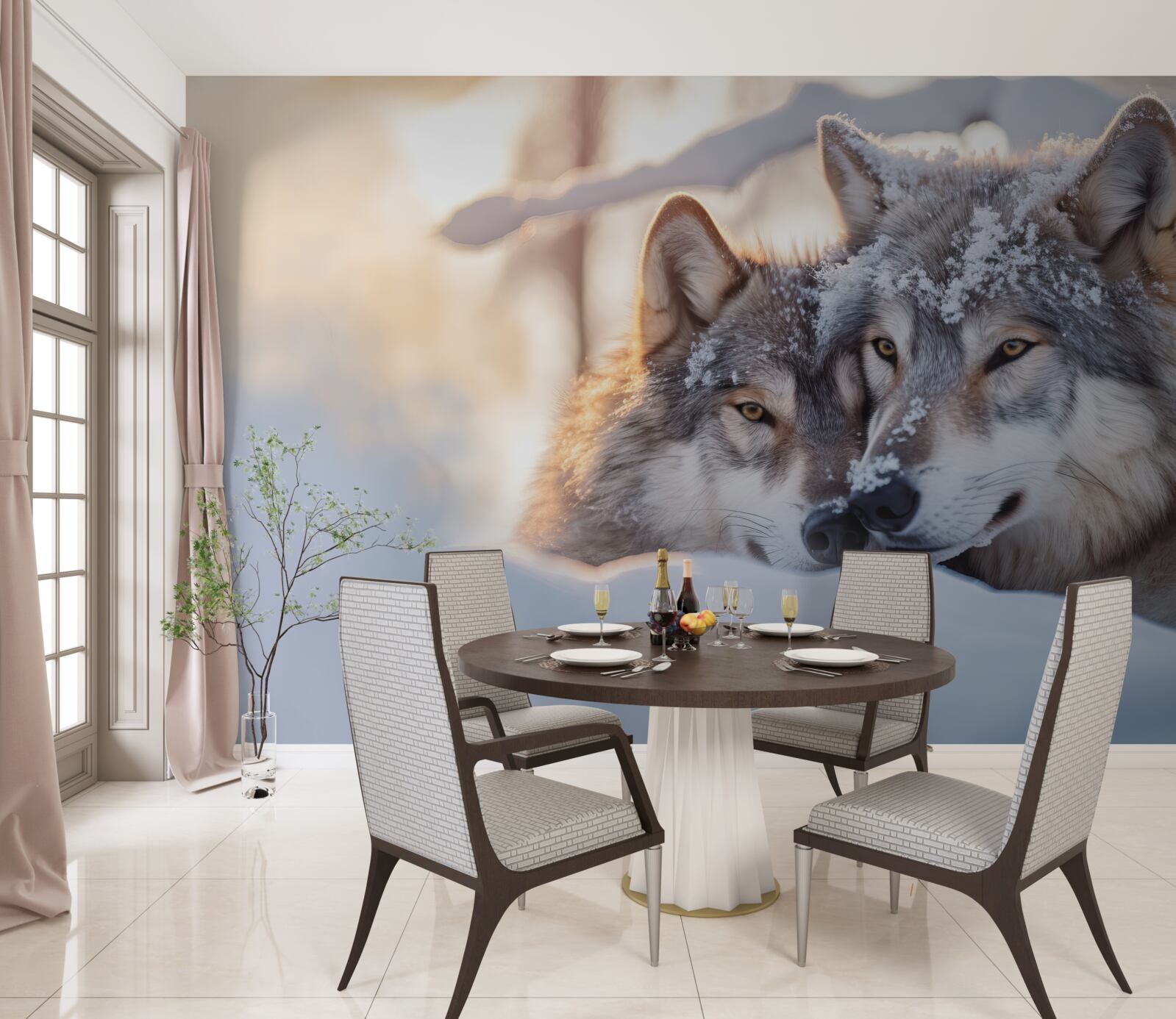 Fototapet Peisaje albe ca zăpada cu lupi gri în mijloc