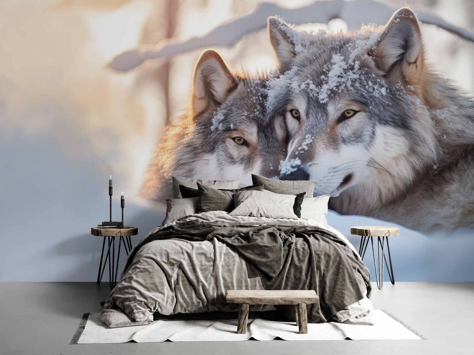 Fototapet Peisaje albe ca zăpada cu lupi gri în mijloc