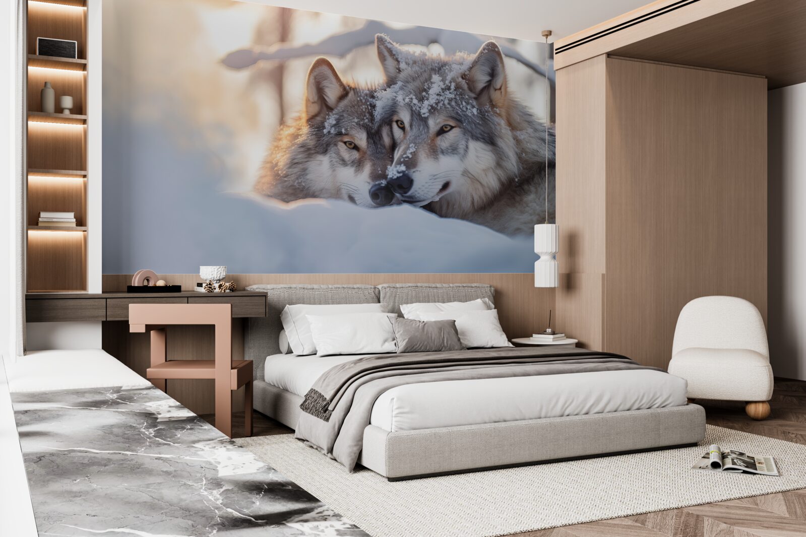 Fototapet Peisaje albe ca zăpada cu lupi gri în mijloc