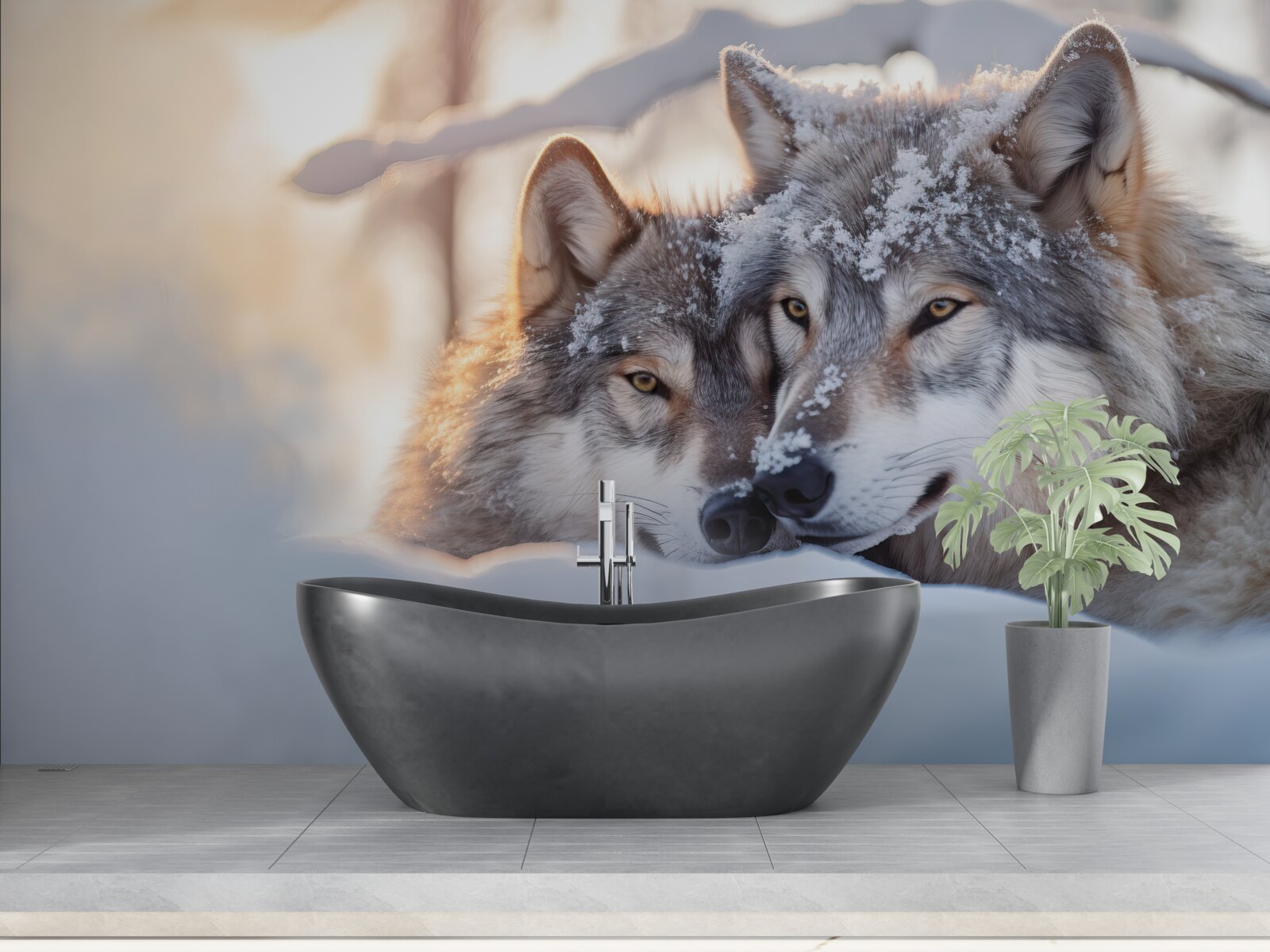 Fototapet Peisaje albe ca zăpada cu lupi gri în mijloc