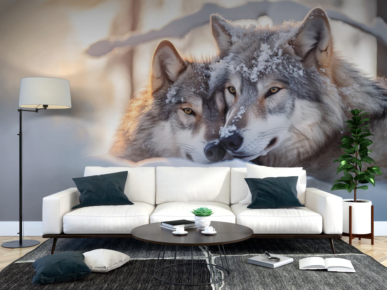 Fototapet Peisaje albe ca zăpada cu lupi gri în mijloc