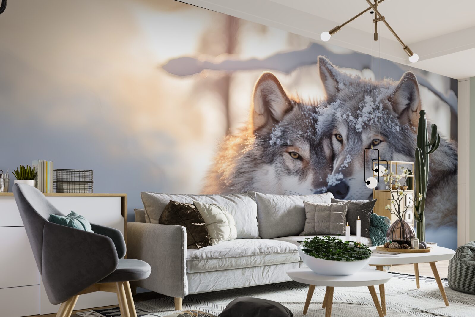 Fototapet Peisaje albe ca zăpada cu lupi gri în mijloc