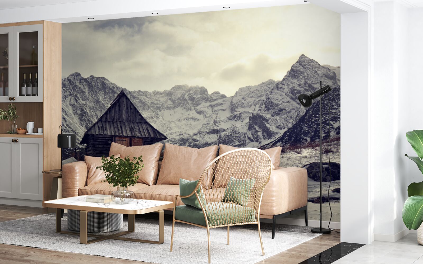 Fototapet casă confortabilă în mijlocul munților înghețați