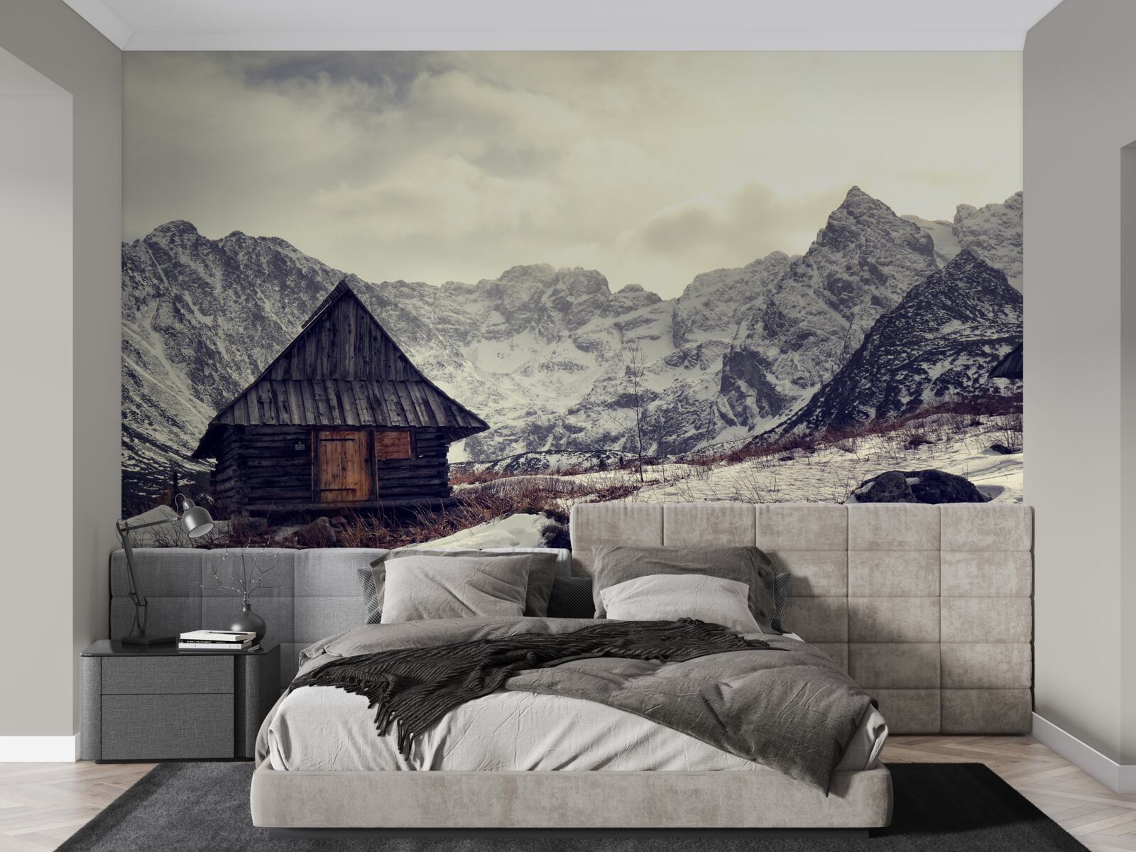 Fototapet casă confortabilă în mijlocul munților înghețați