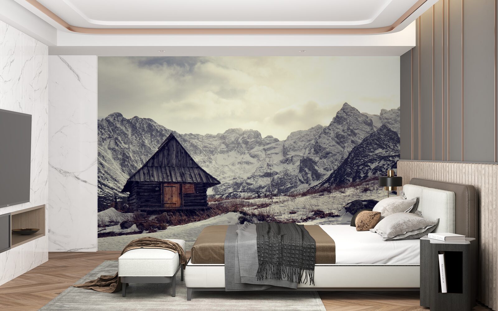 Fototapet casă confortabilă în mijlocul munților înghețați