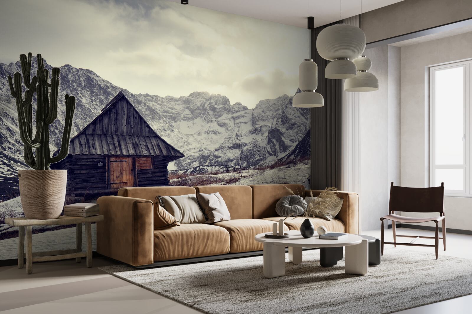 Fototapet casă confortabilă în mijlocul munților înghețați